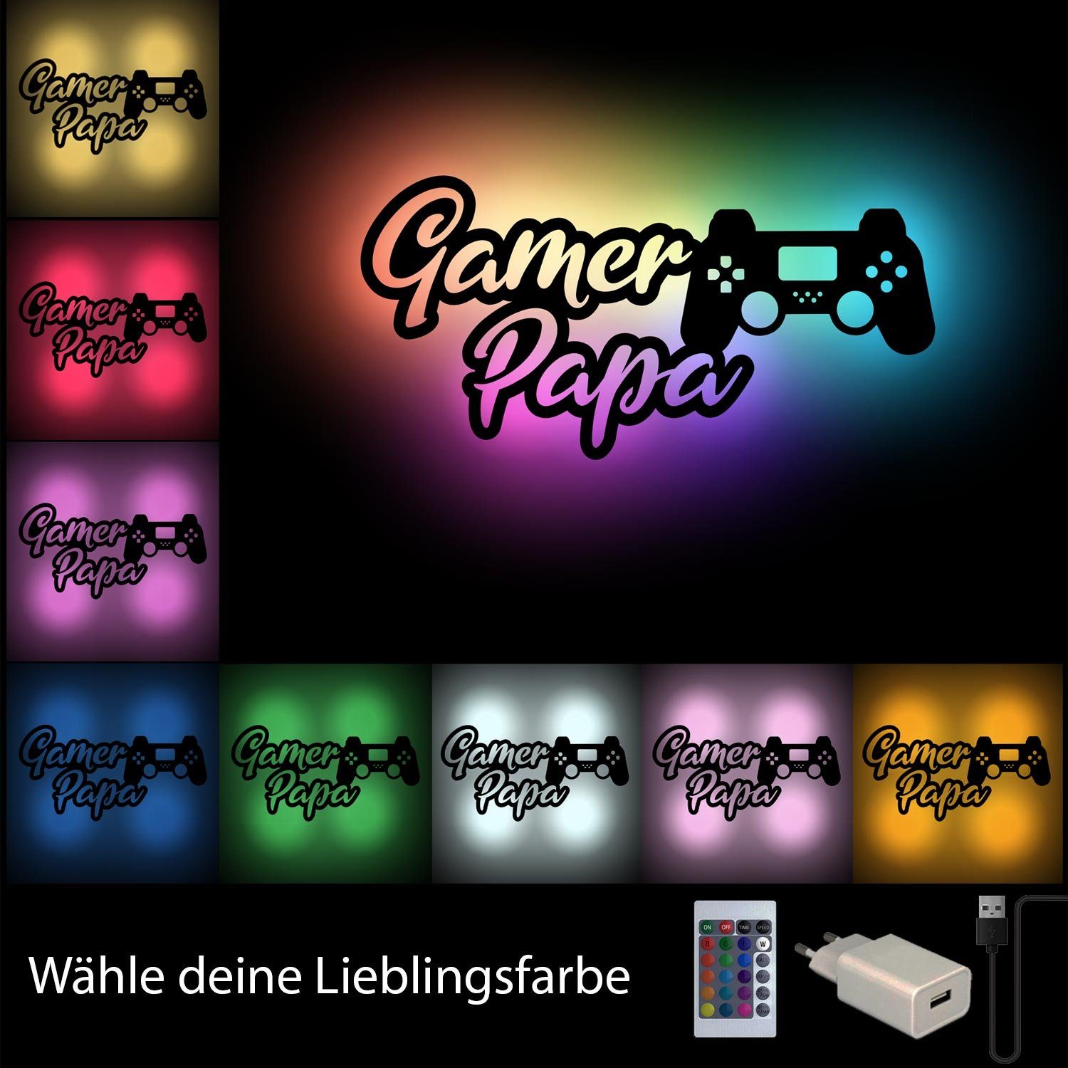 Namofactur LED Dekolicht Gamer Papa Gamer LED mit Leuchte RGB - Farbwechsel, Licht Fernbedienung Farbwechsler, Wanddeko mit USB fest Wanddekoobjekt integriert, Wohnzimmer Schwarz