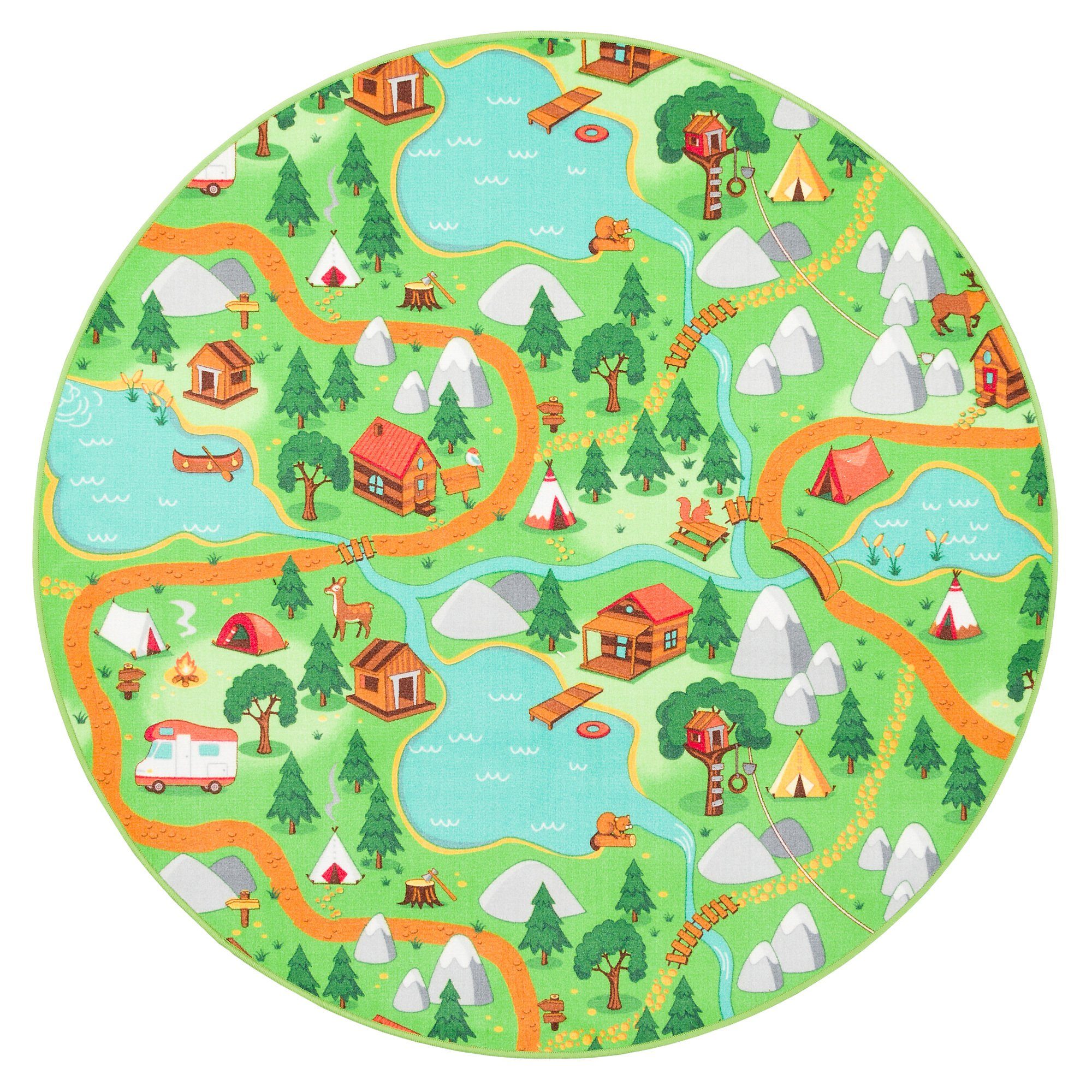 Snapstyle Kinderteppich Kinder Spiel Teppich Campingplatz Rund, Rund, Höhe: 5 mm