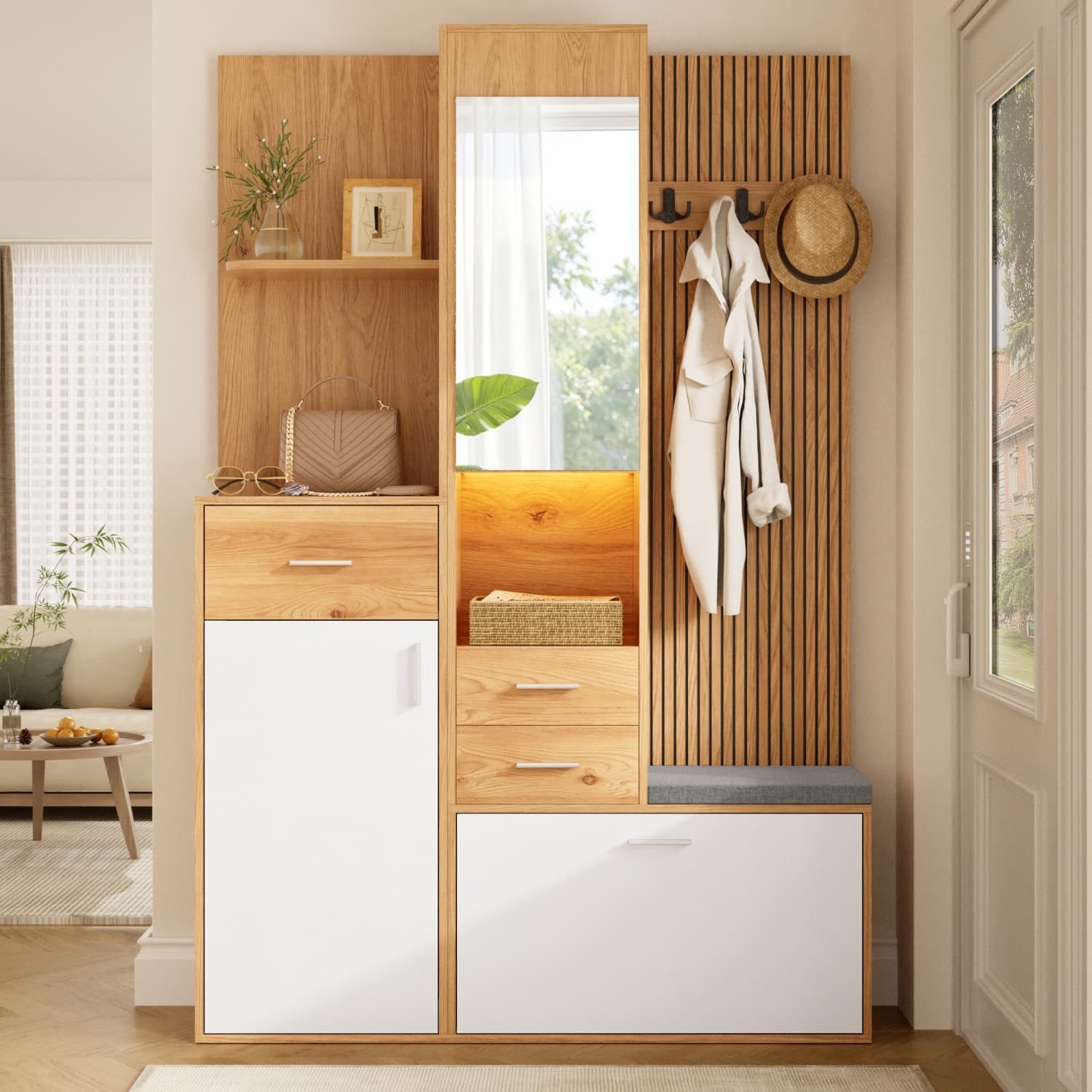 ANYSUN Kompaktgarderobe mit Schuhschrank,Spiegel,Sitzbank,LED-Beleuchtung & Klappschuhfach (1-St., Flurgarderobe platzsparend für den Eingangsbereich & Diele) Garderoben-Set mit Schubladen,Kleiderhaken,Stauraum & App-Steuerung