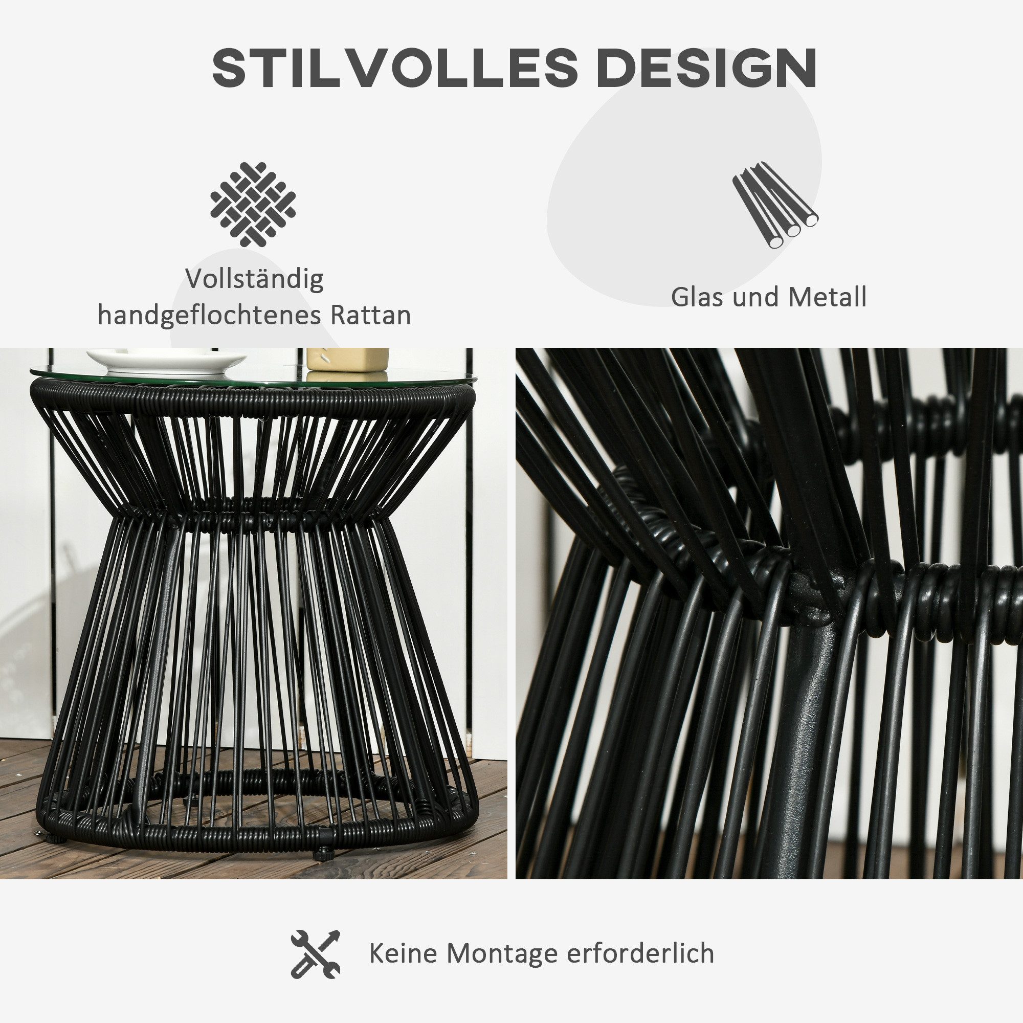Outsunny Beistelltisch aus PE Rattan mit Tablett Glastischplatte, für Garten 40x40x42cm (Gartentisch, 1-St., Couchtisch), für Terrasse, Balkon, Metall, Schwarz – Bild 5 von 5