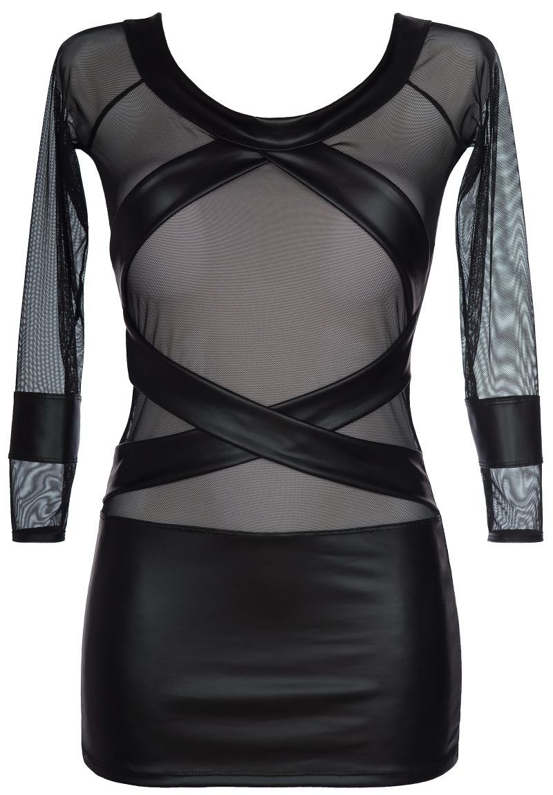 Axami Netzkleid Minikleid Latexlook schwarz + Tüll transparent langarm (2-tlg)