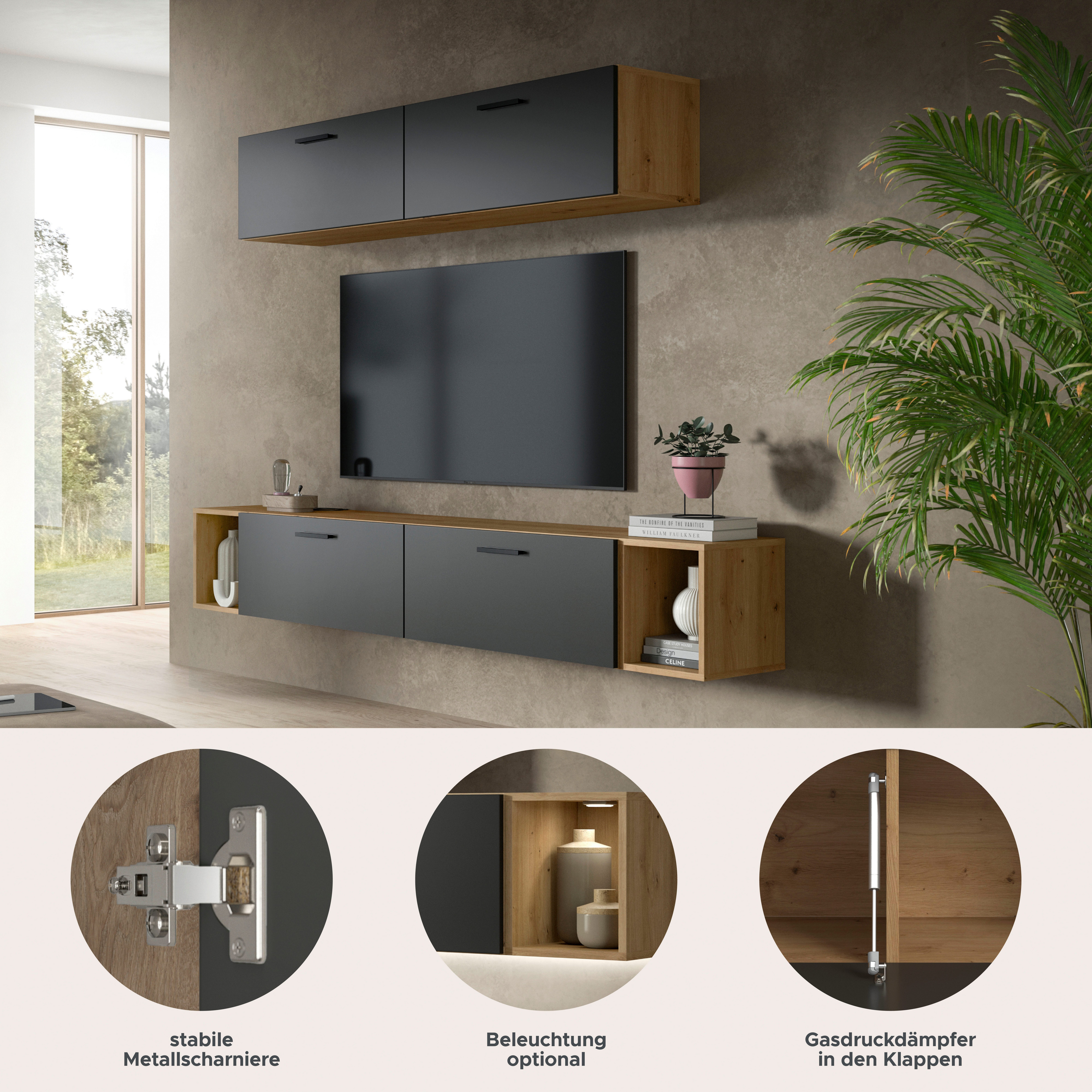 Home affaire Schrank-Set ENESTE, 6-teilig, in verschiedenen Farben, individuell kombinierbar, (2-St., verschiedenste Kombinationmöglichkeiten, stehend oder hängend), Stauraumelement, Kombination, Wohnkombination, Schrankwand, Lowboard