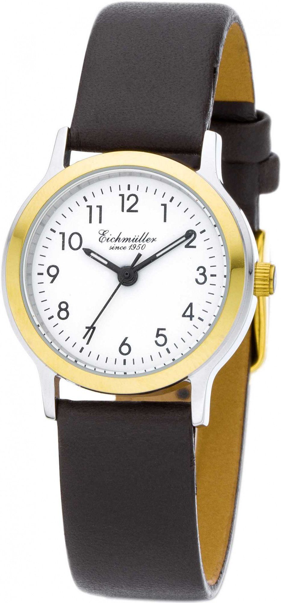 Eichmüller Quarzuhr Damenuhr – Bicolor Armbanduhr 3055-04, Zifferblatt weiss und braunes Lederband, 26 mm