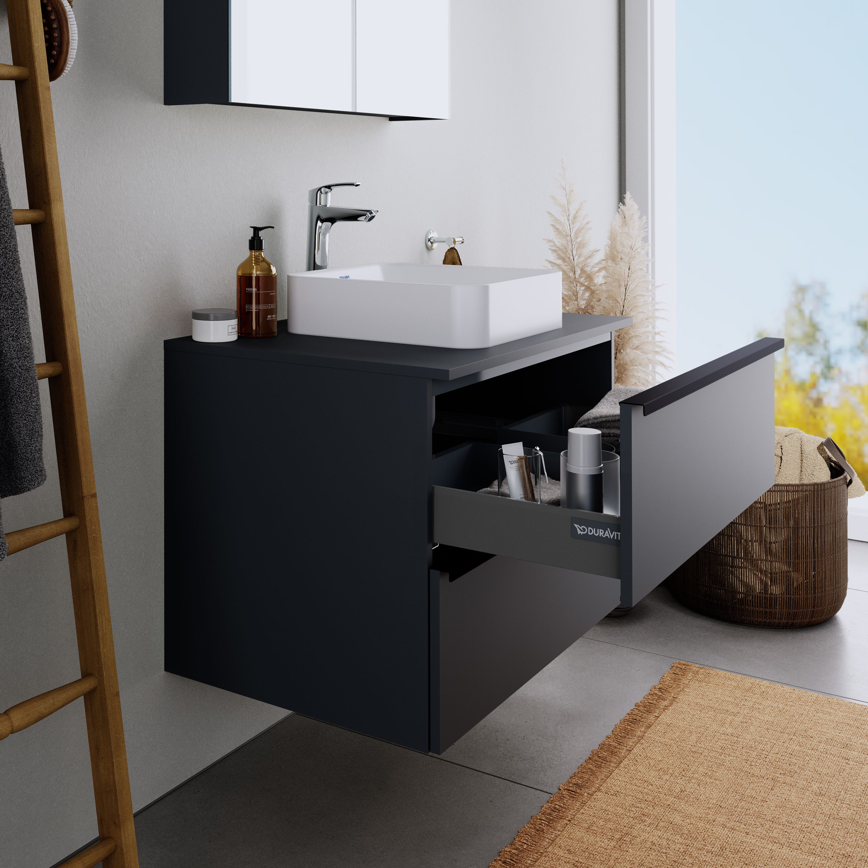 Duravit Waschbeckenunterschrank DuraPoint Graphit matt 80cm Waschtischunterschrank für Aufsatzbecken 2 Auszüge Griffleiste schwarz