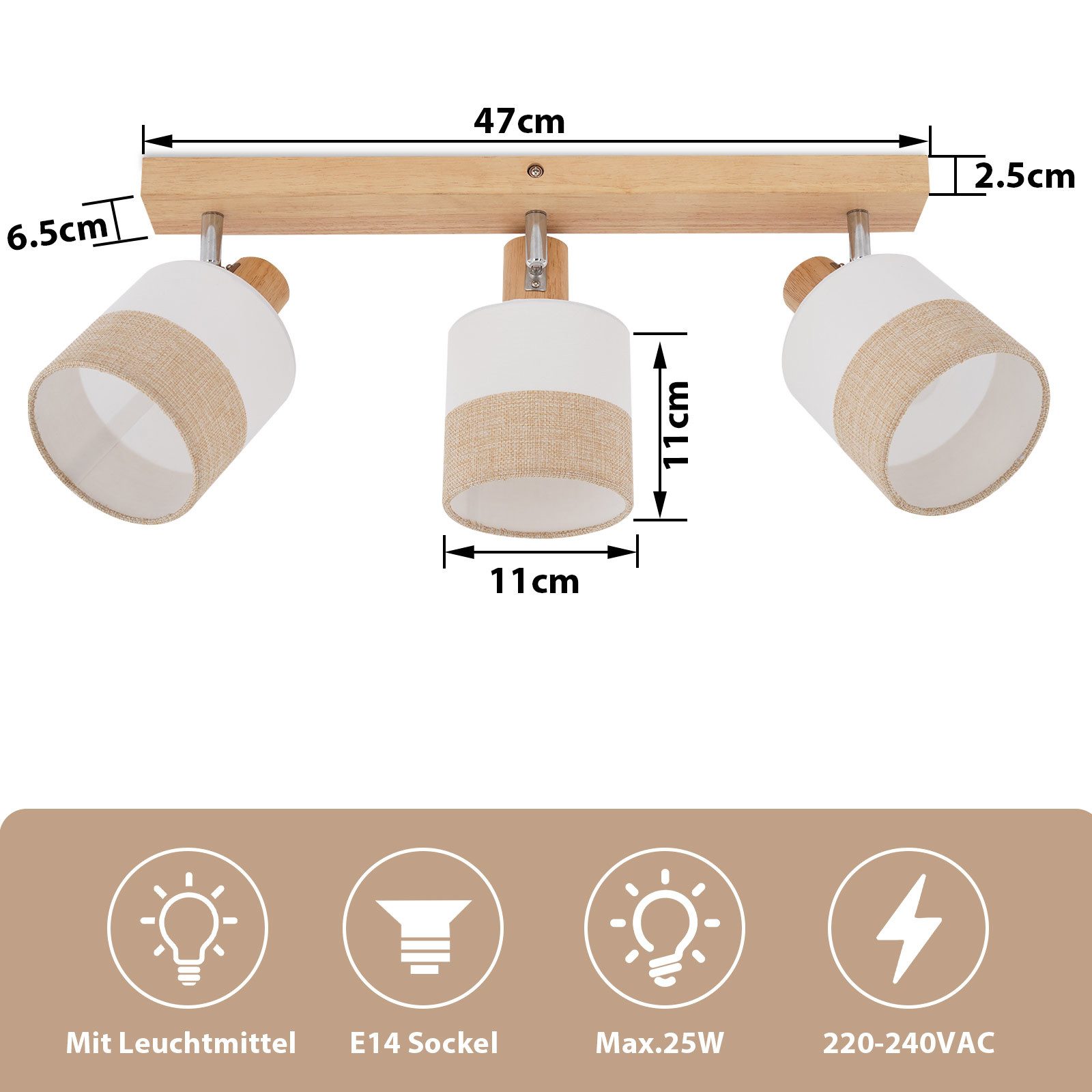 ZMH Deckenleuchte 3 Flammig E14 Deckenstrahler Vintage Deckenspot Schwenkbar, ohne Leuchtmittel, Stoffschrim Modern für Wohnzimmer Schlafzimmer Küche