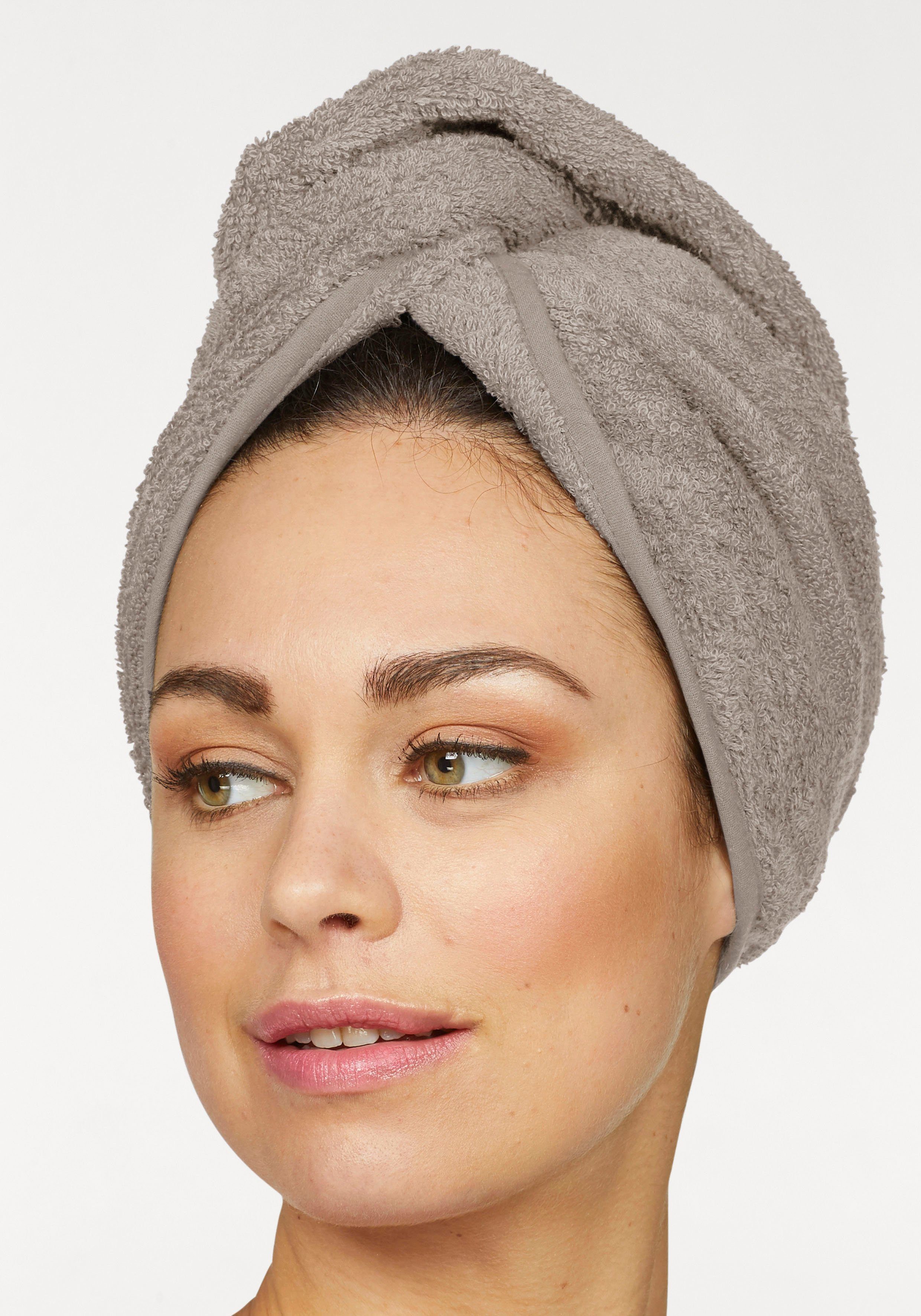 Knopfverschluss Haar-Handtuch am Juna, (2-St), Turban-Handtuch (2 home einfarbiges Stück), Hinterkopf my Walkfrottee taupe mit