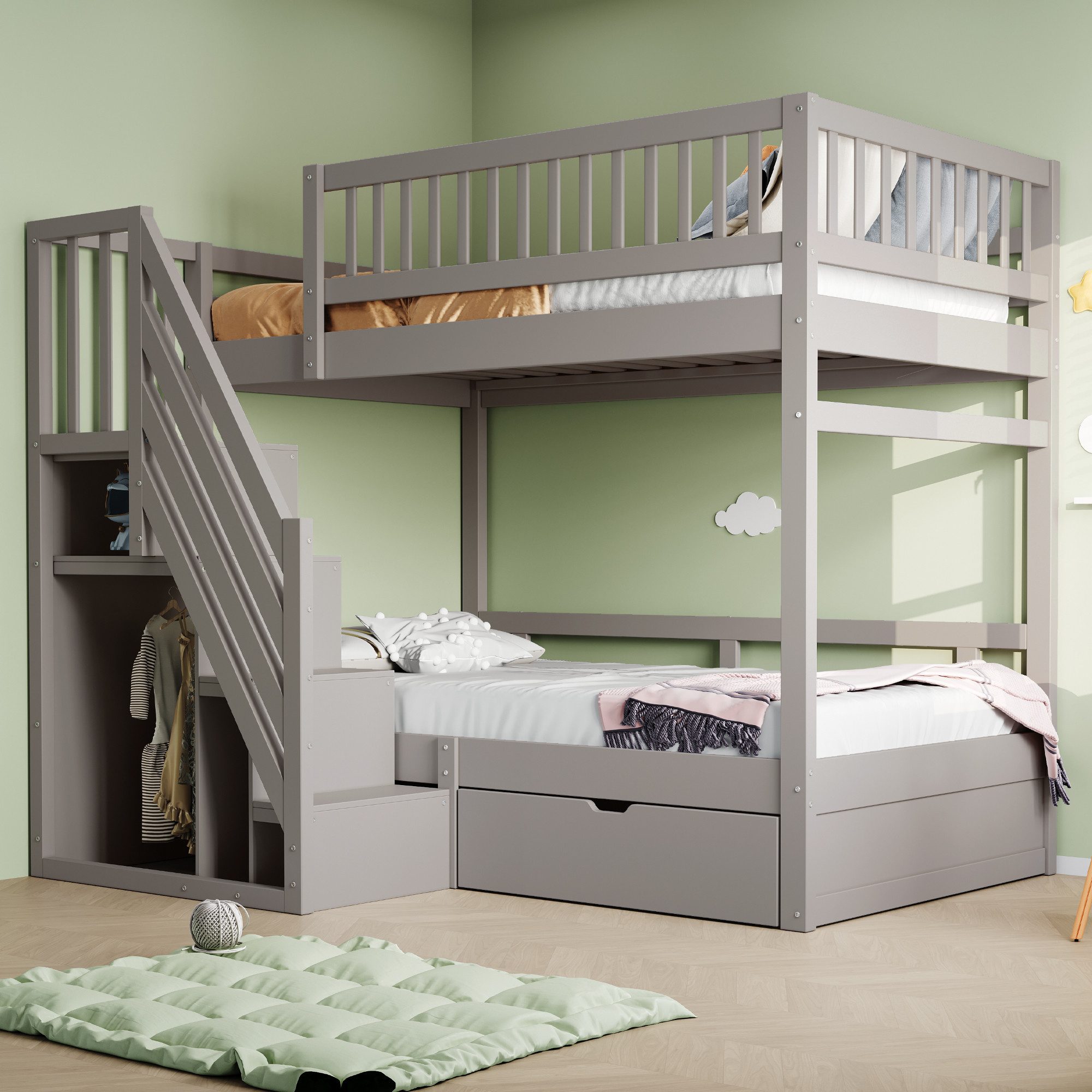 Flieks Etagenbett, Massivholz Kinderbett 90x200cm mit Stauraumtreppe und Sc günstig online kaufen