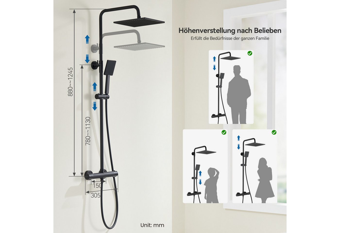 Thumbnail - Auralum Max Duschsystem Brausegarnituren Wandmontage Duschset mit Thermostat 38℃ verstellbare, Höhe 124.5 cm, 2 Strahlar...