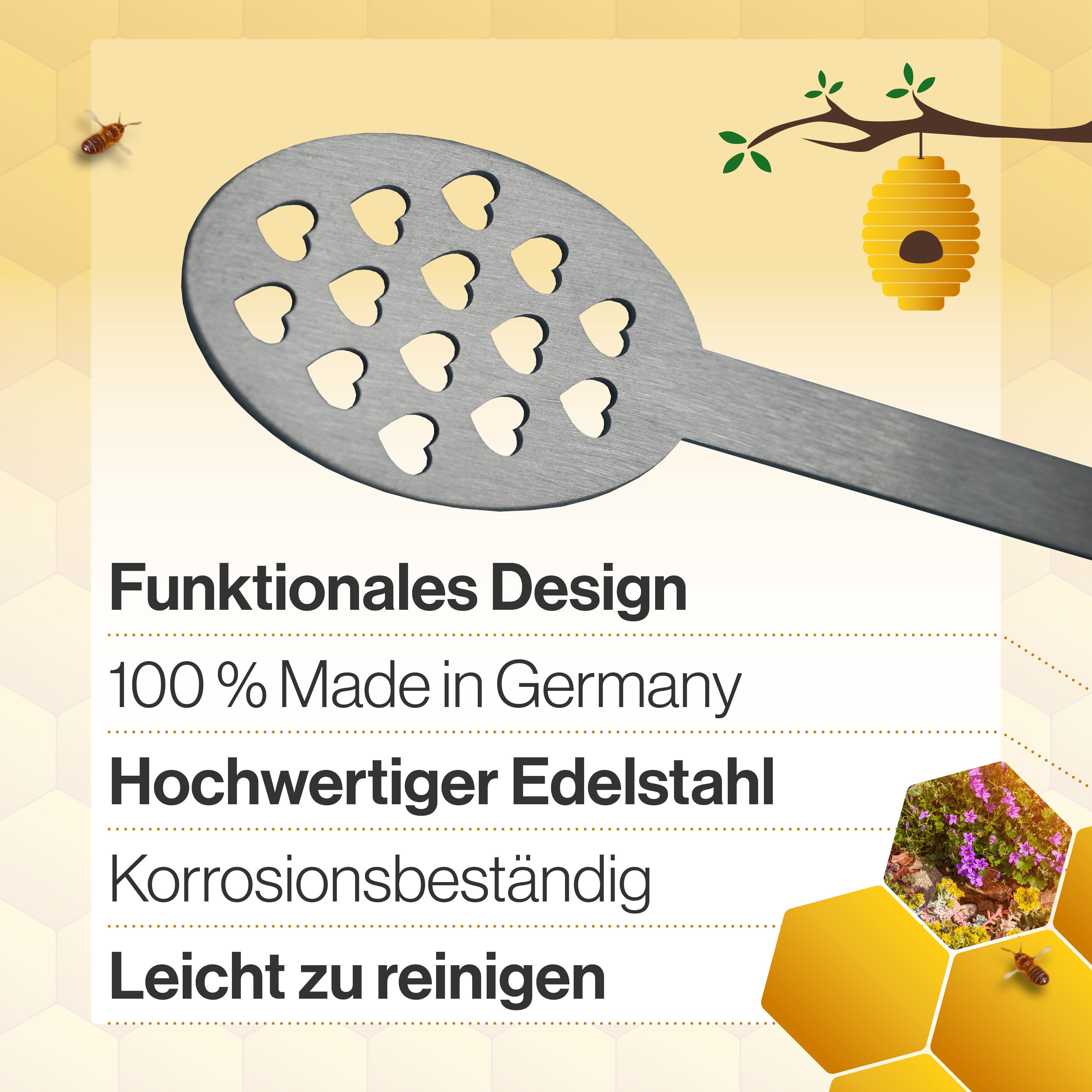 Feuerfest 123 GmbH Servierlöffel Honiglöffel „Herzen“ Edelstahl, Für Honig, Cremehonig oder Sirup - Honey Spoon Honigstab Honigheber – Bild 3 von 5