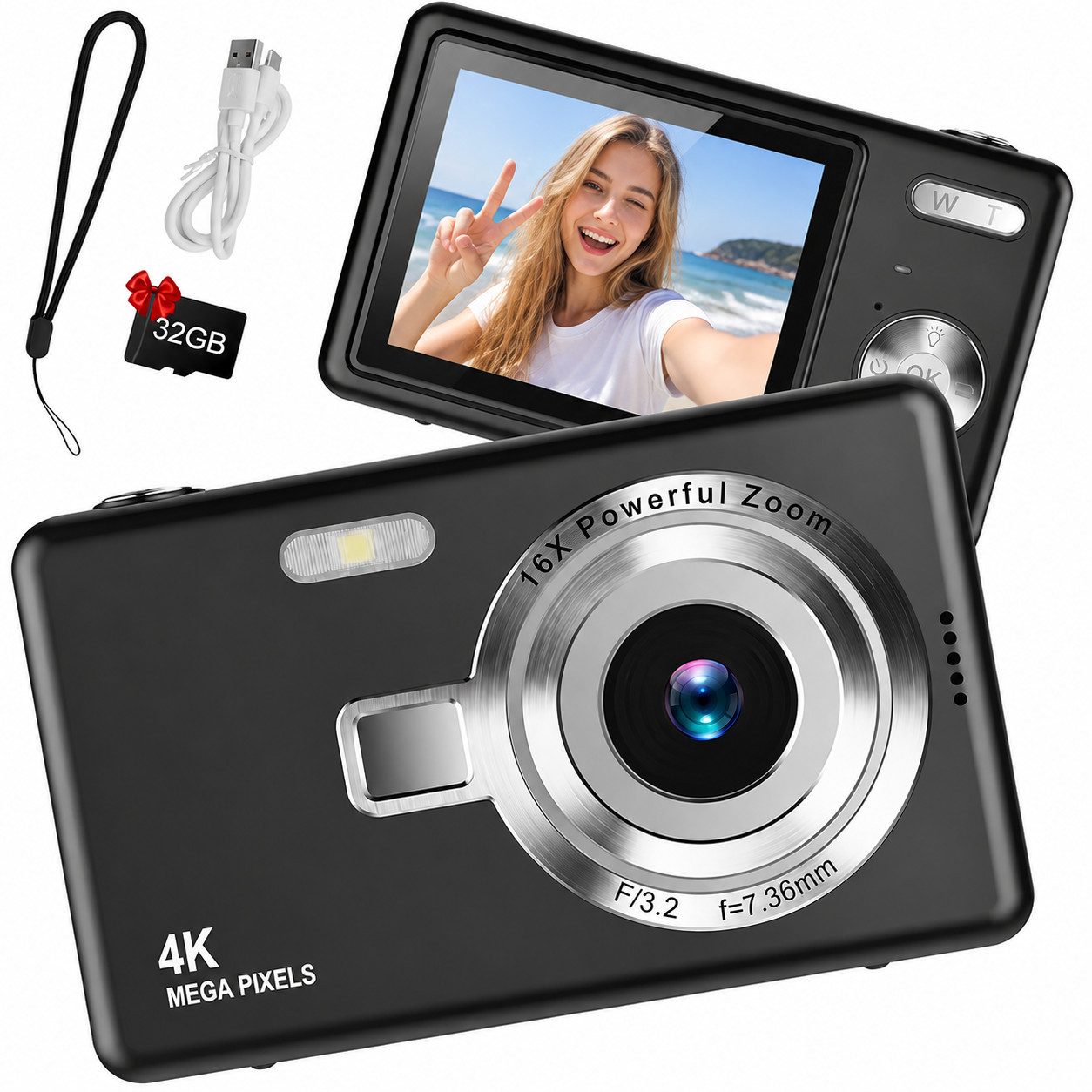 XEOOCE Digitalkamera 44MP 1080P FHD Kompaktkamera 16X Zoom 32GB SD Karte Kompaktkamera (44 MP)