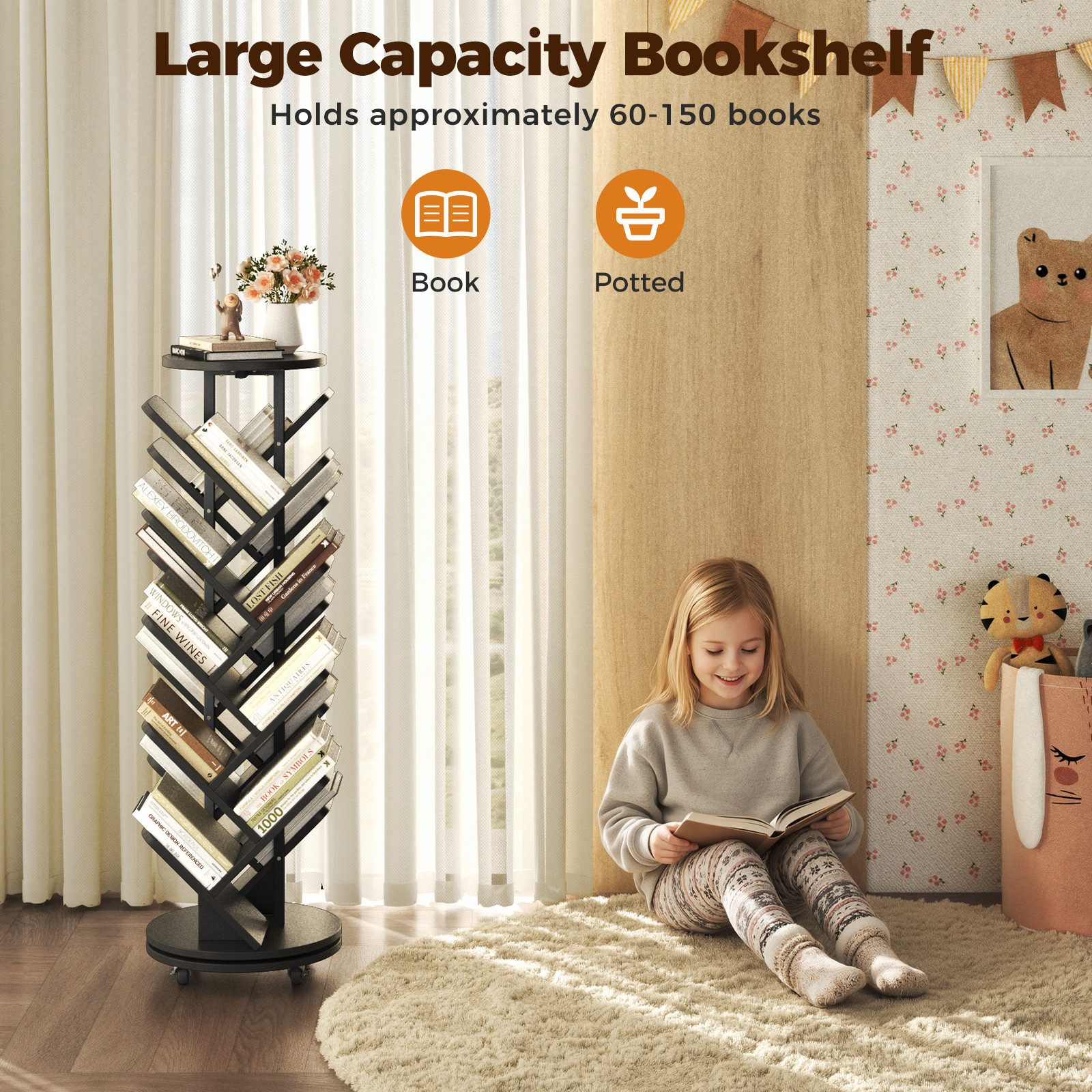 Patbrela Bücherregal 360° Bücherregal Drehbar Standregal Multifunktionales 17 Ebenen, Beweglich und Feststellbar, für Wohnzimmer Schlafzimmer, 40x40x127cm – Bild 3 von 5