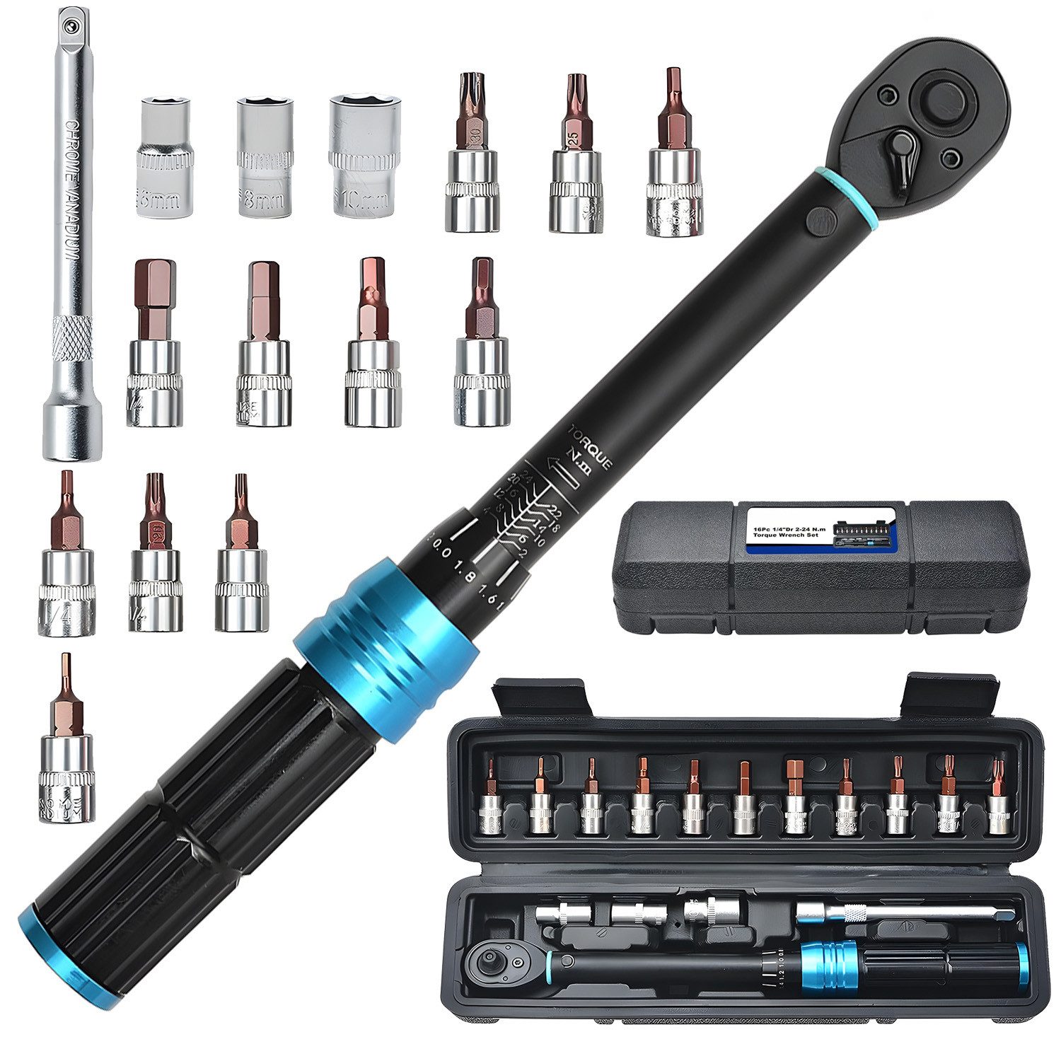 AKKEE Drehmomentschlüssel Drehmomentschlüssel-Set Adjustable 1/4" 2-24Nm ±3% Fehlergenauigkeit (15Set), Chrom-Vanadium-Stahl Für Fahrrad Motorrad 15 St.