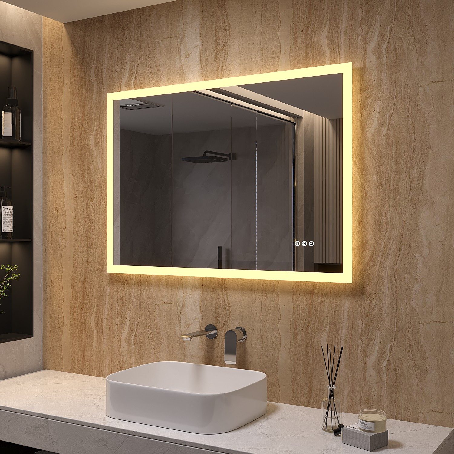 AQUALAVOS Badspiegel LED Wandspiegel 100x70 cm intelligent Spiegel für Badezimmer IP44, 2 Lichtfarbe Warmweiß/Kaltweiß, Touch-Sensor+Wandschalter+Beschlagfrei