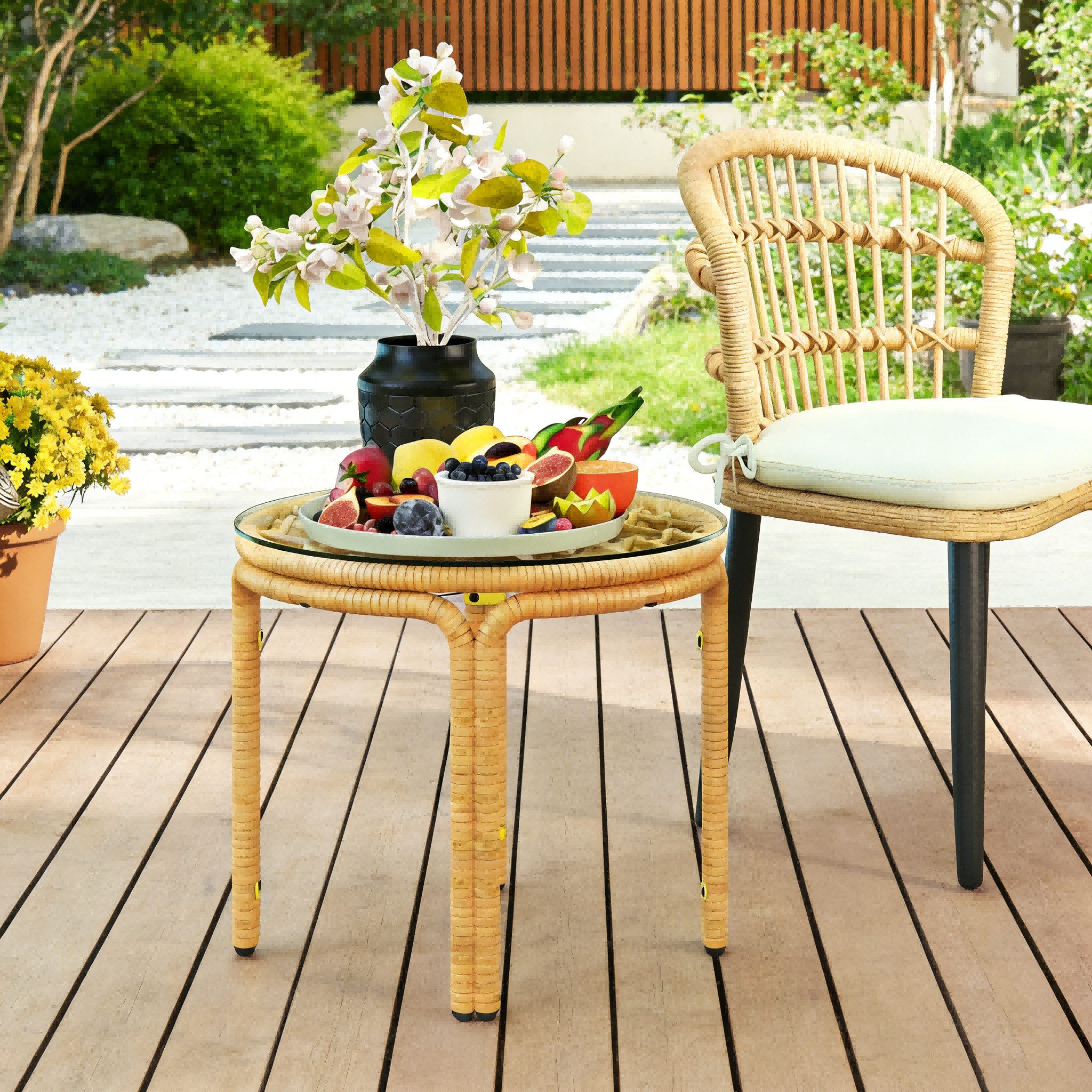 BlingBin Beistelltisch Gartentisch aus Polyrattan runder Kaffeetisch mit Glas Tischplatte (1 Stück, 1-St., Ø50 cm), Couchtisch Gartenmöbel für Garten Wohnzimmer Balkon Terrasse