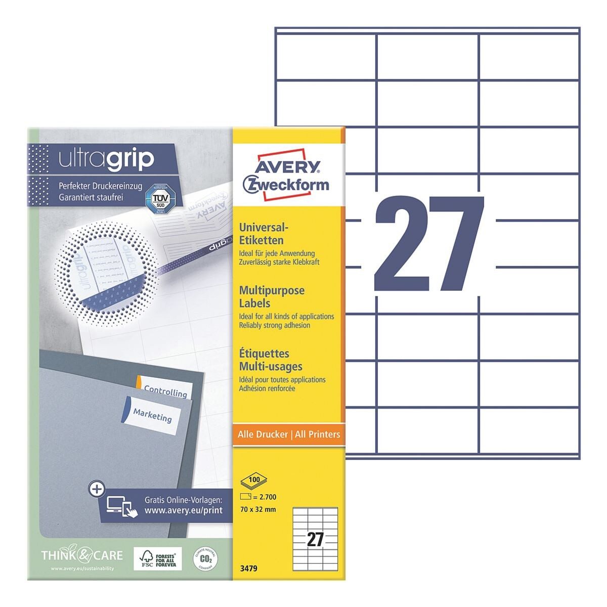 Avery Zweckform Etiketten 3479, 2700 Stück, Adresse universal (70 x 32 mm), selbstklebend