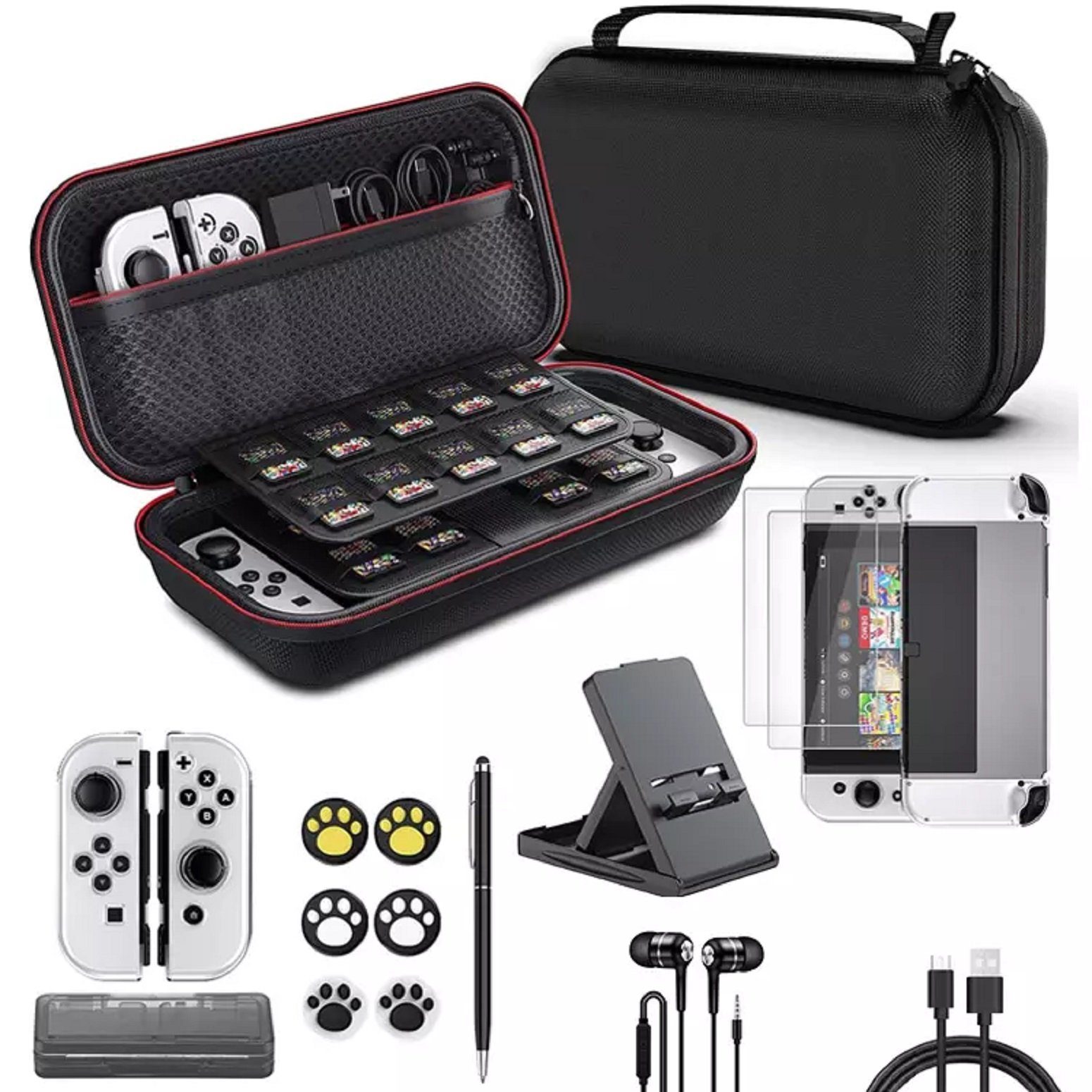 AKTO Nylonetui, Schutzglas, Halterung, Thumbstick, Joystickschutz Zubehör Nintendo (mehrteiliges Set)