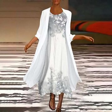 KIKI A-Linien-Rock Lässiges, modisches, bedrucktes Midi-Zweiteiler Kleid mit O-Ausschnitt