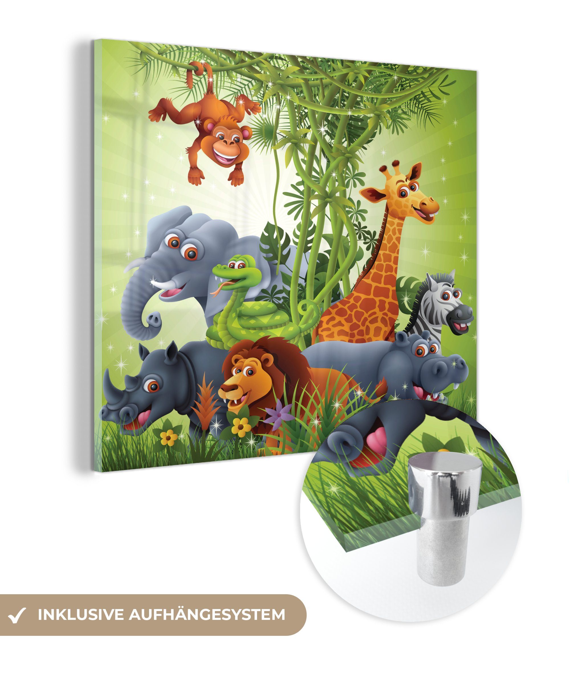 MuchoWow Acrylglasbild Dschungeltiere - Pflanzen - Kinder - Elefant - Giraffe - Löwe, (1 St), Glasbilder - Bilder auf Glas Wandbild - Foto auf Glas - Wanddekoration bunt