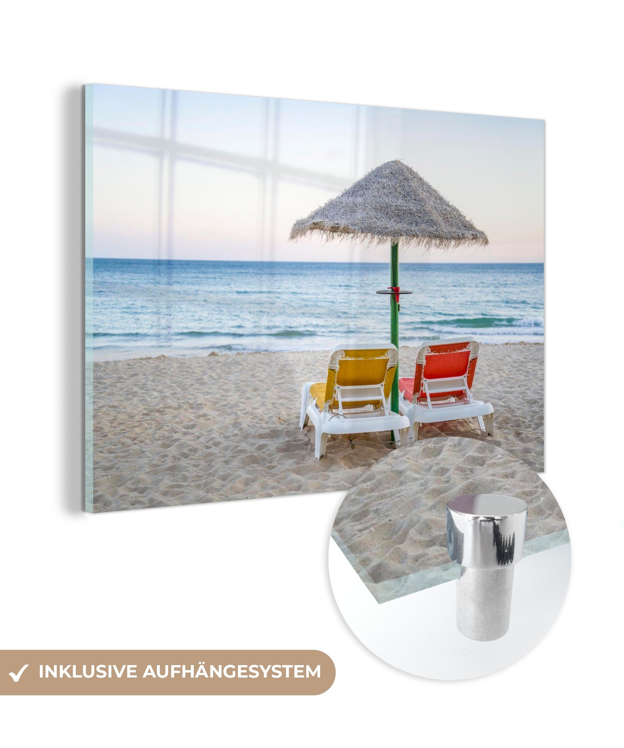 MuchoWow Acrylglasbild Bunte Sonnenliegen unter Strohschirmen am Strand von Falesia, (1 St), Acrylglasbilder Wohnzimmer & Schlafzimmer