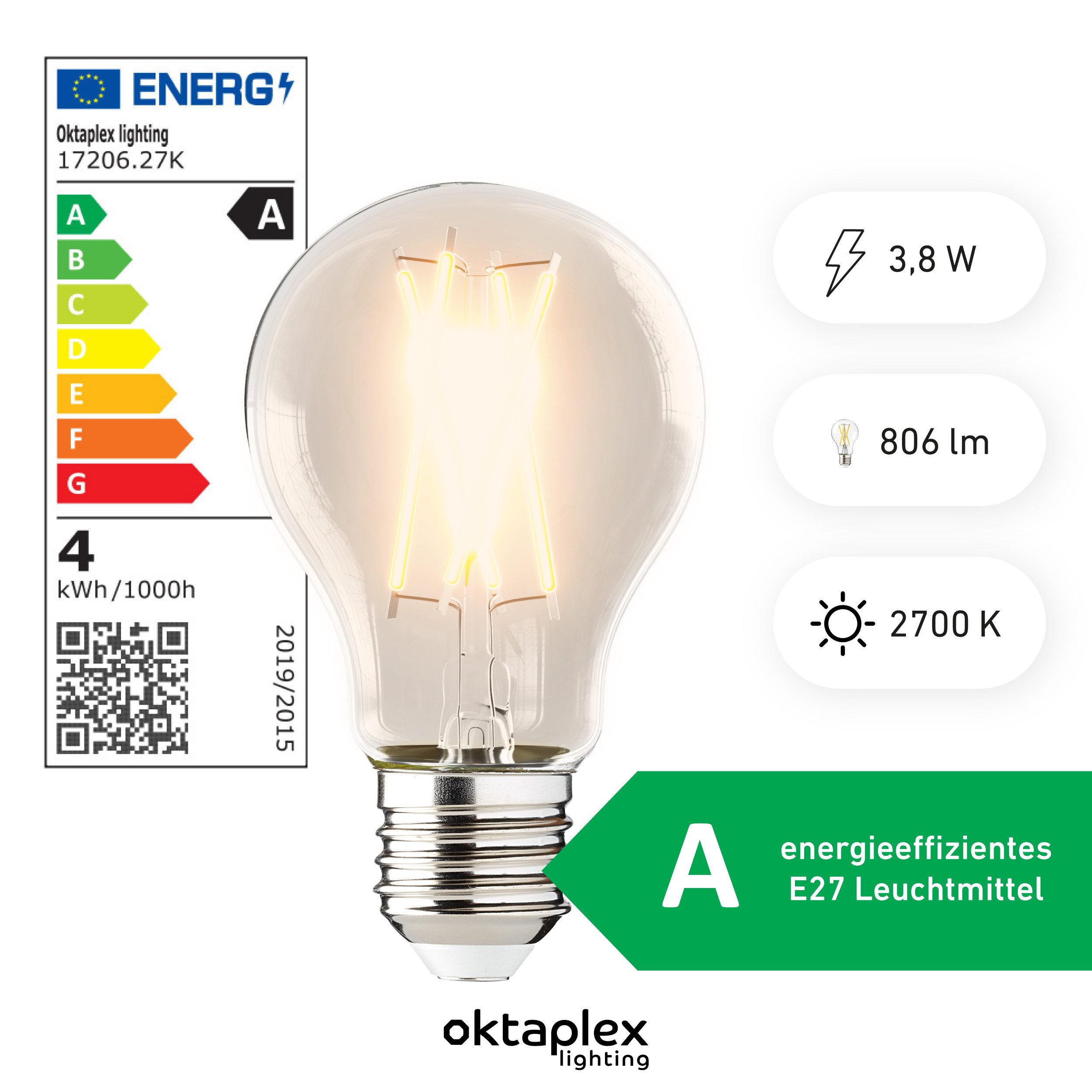 Oktaplex lighting LED-Leuchtmittel LED Glühbirne LED Leuchtmittel, E27, 10724, 2700K 806lm 3,8W LED Filamente