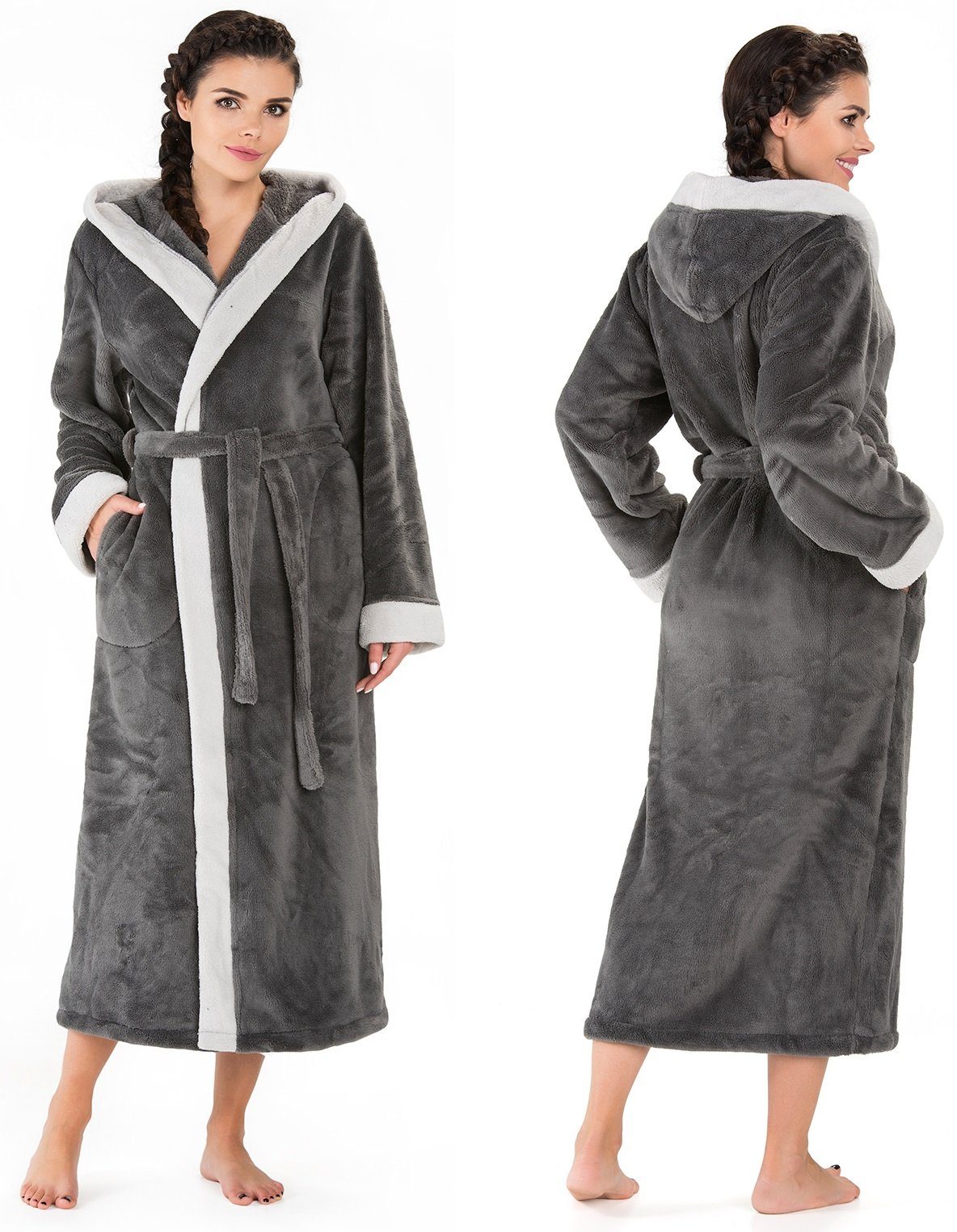 Di Vadini Bademantel Di Vadini UNISEX Herren Damen Bademantel PRATO mit Kapuze, wadenlang, Polyester, Weitenverstellung