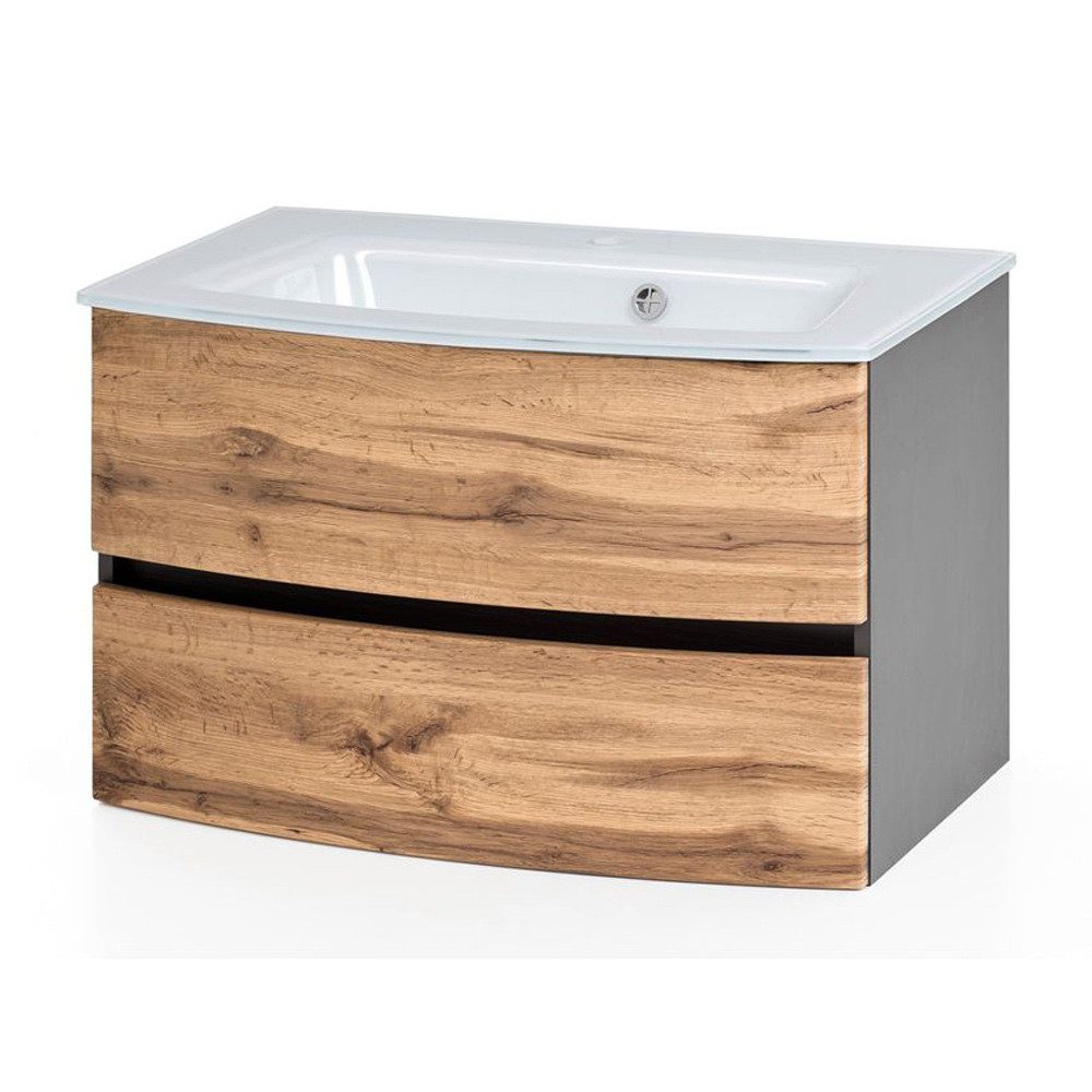 Lomadox Waschtisch LAURIA-03, grau mit Wotaneiche Nb. inkl. Glaswaschbecken weiß 80x53x49 cm