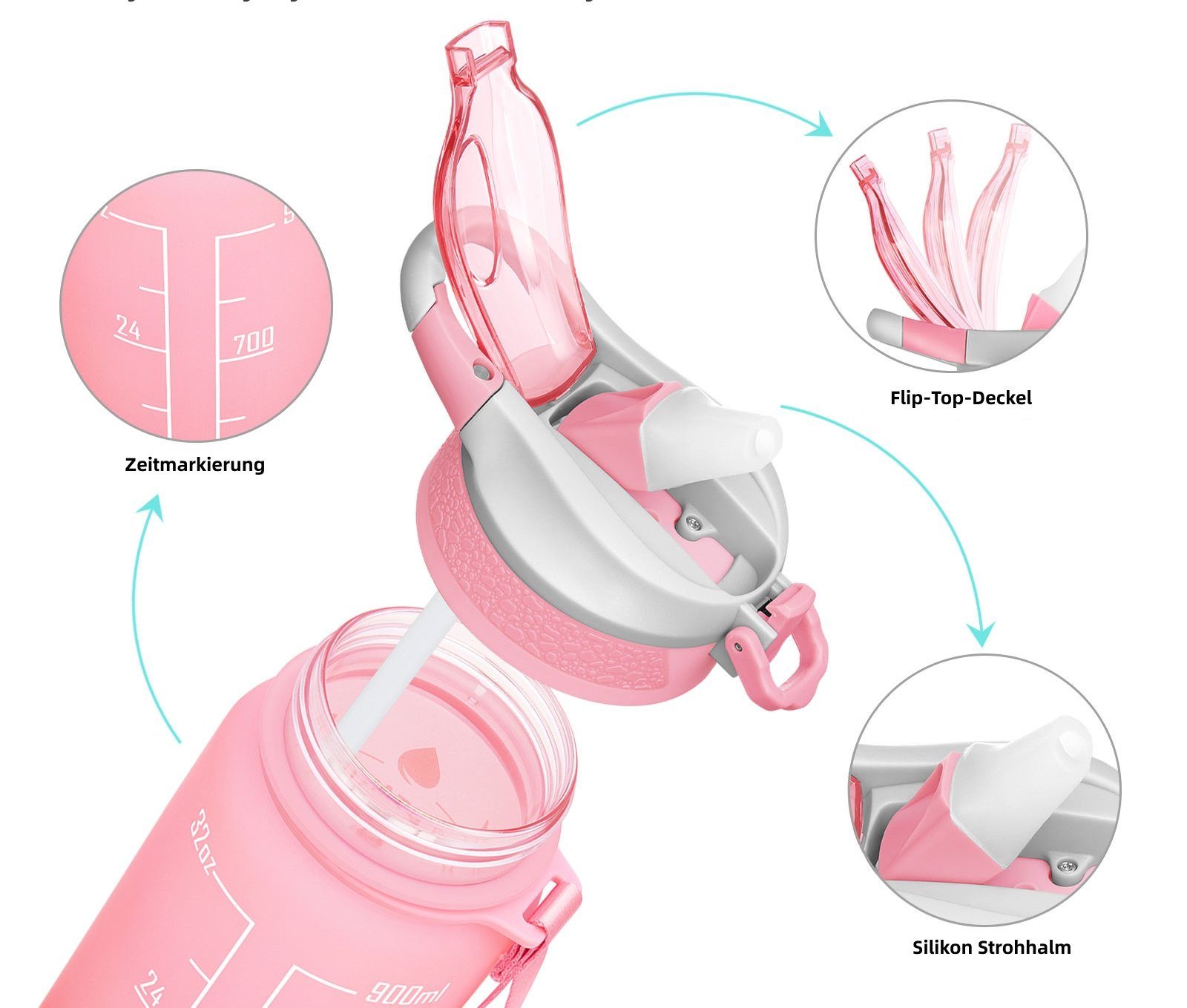 Liter Trinkflasche BPA-Frei Sport Wasserflasche Camping 1 OKWISH Fahrrad Wandern Sportflasche 1L, Fitness Zeitmarkierung Pink/Blau Auslaufsicher Outdoor Strohhalm und
