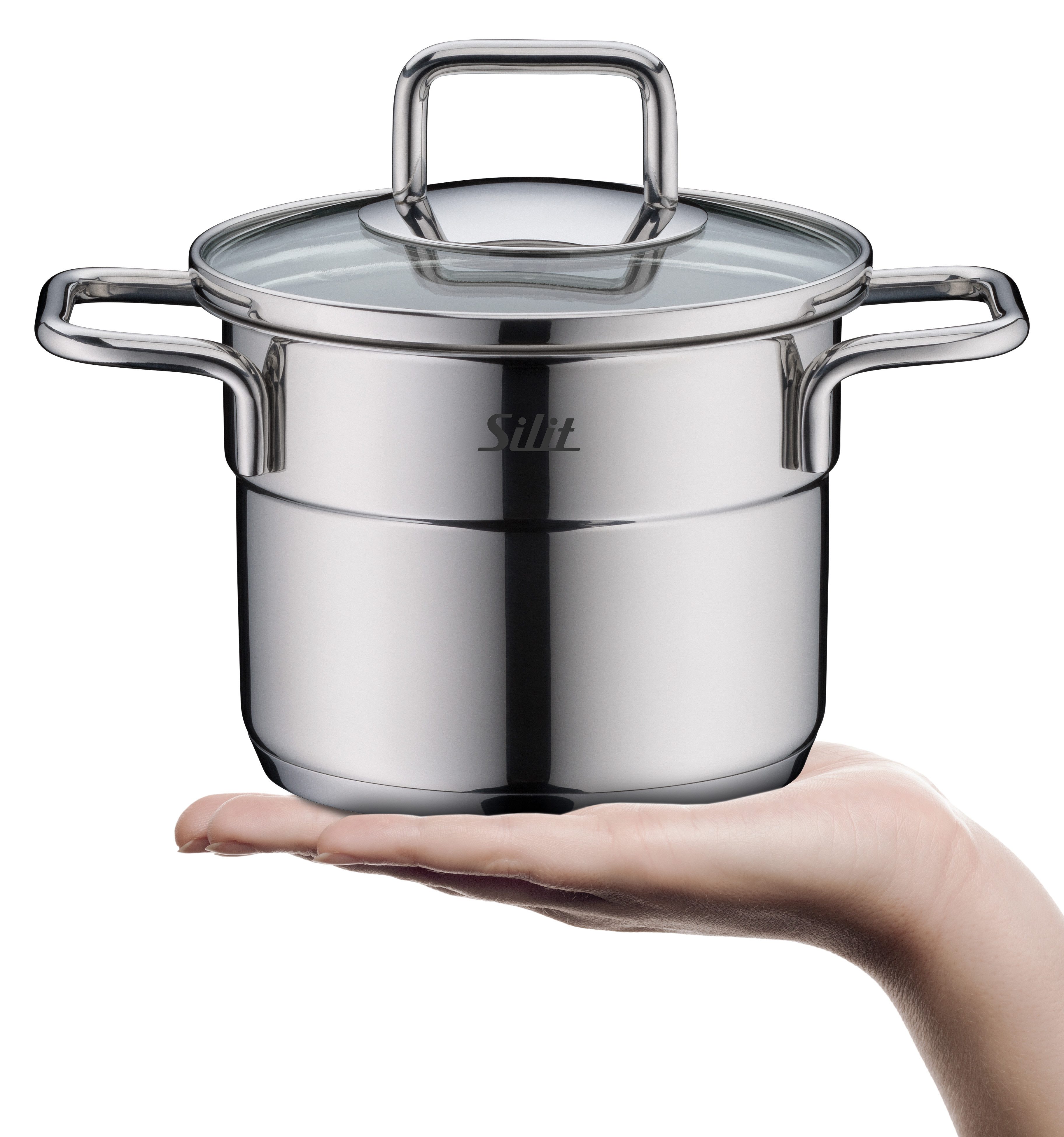 Silit Topf-Set Extra Cook Mini, Kochgeschirr-Set Induktion mit Glasdeckeln, stapelbar, Edelstahl 18/0 (Set, 8-tlg., 2 x Kochtopf 12/14cm, 2 x Bratentopf 12/14cm, 2 x Glasdeckel 12/14cm), SiliTherm Universalboden, breiter Schüttrand, spülmaschinengeeignet