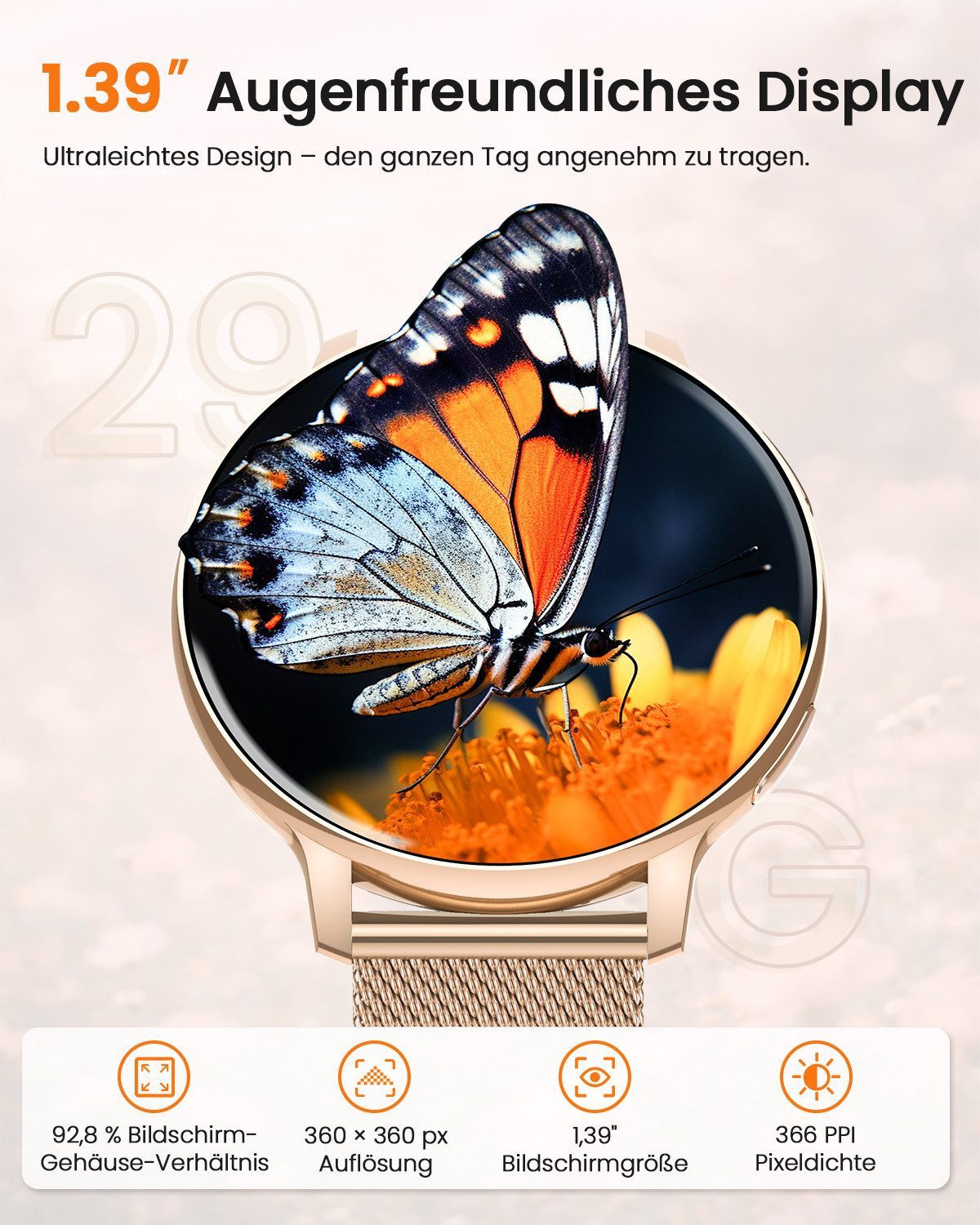 Whraills 2026 NEW Smartwatch Damen Fitnesstracker Uhr mit Anrufe,Pulsuhr,SpO2 Smartwatch (3.53 cm/1,39 Zoll, HD Touchscreen), Smartwatch für Damen mit Blutdruck – Bild 2 von 5