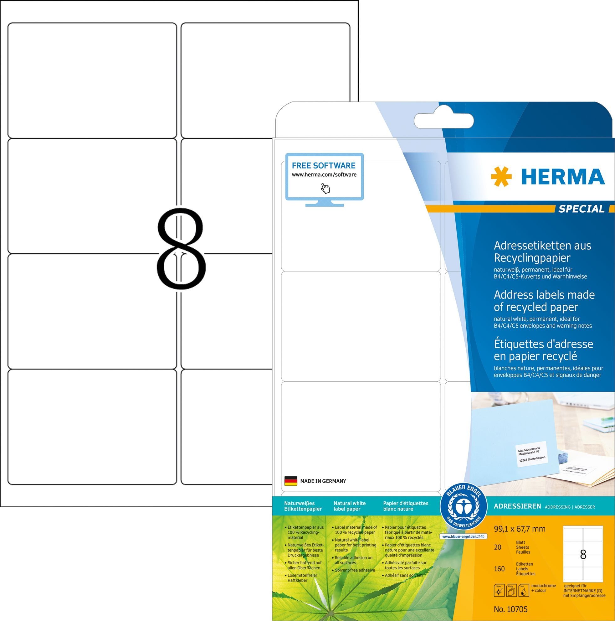 HERMA Etiketten Etiketten Recyclingpapier A4 99,1x67,7mm weiß VE=20 Blatt/160 Stück