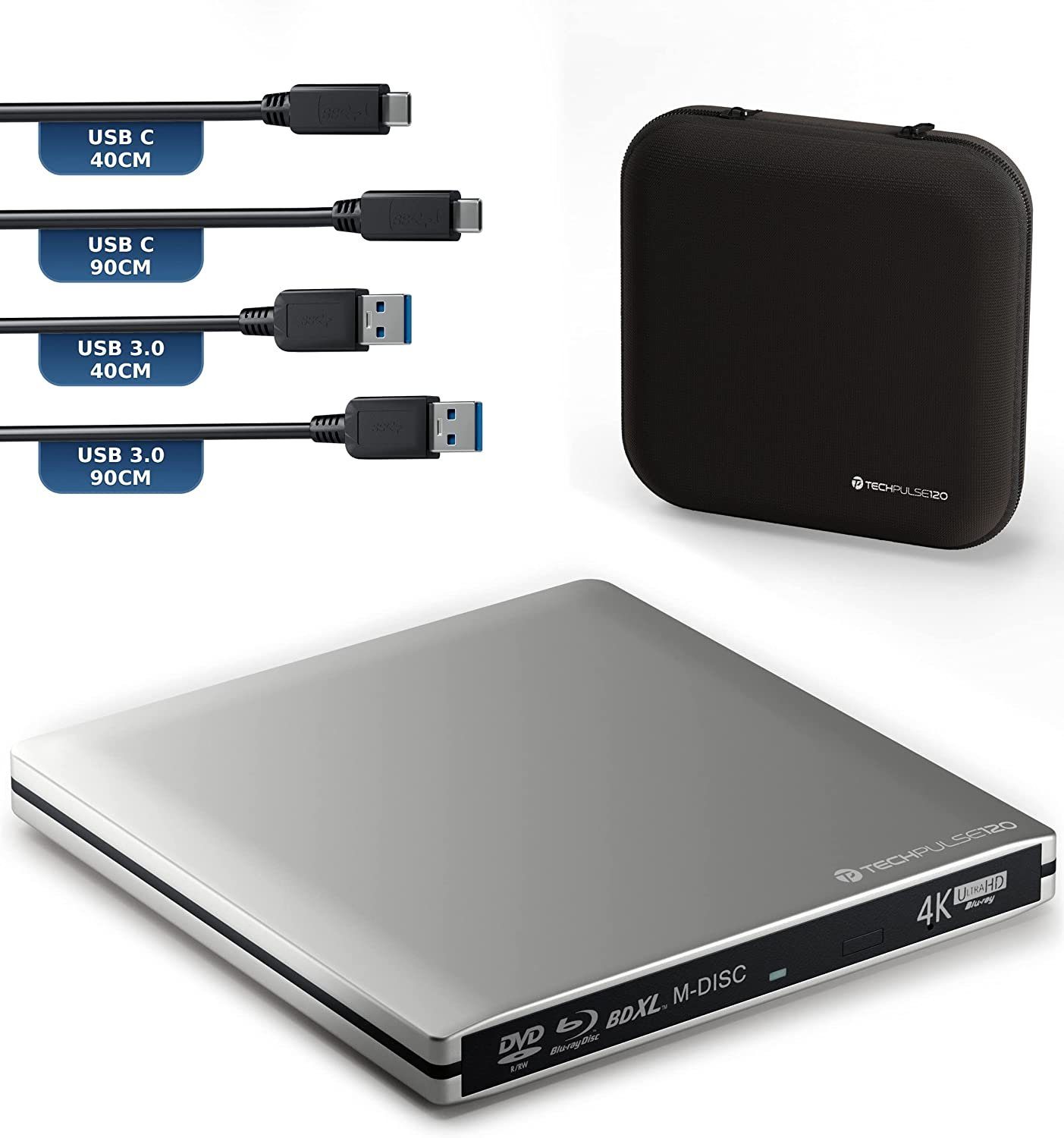 techPulse120 USB 3.1 Blu-ray DVD CD USB-C UHD 4k 3D M-DISC BDXL HDR10 100GB Brenner Blu-ray-Brenner