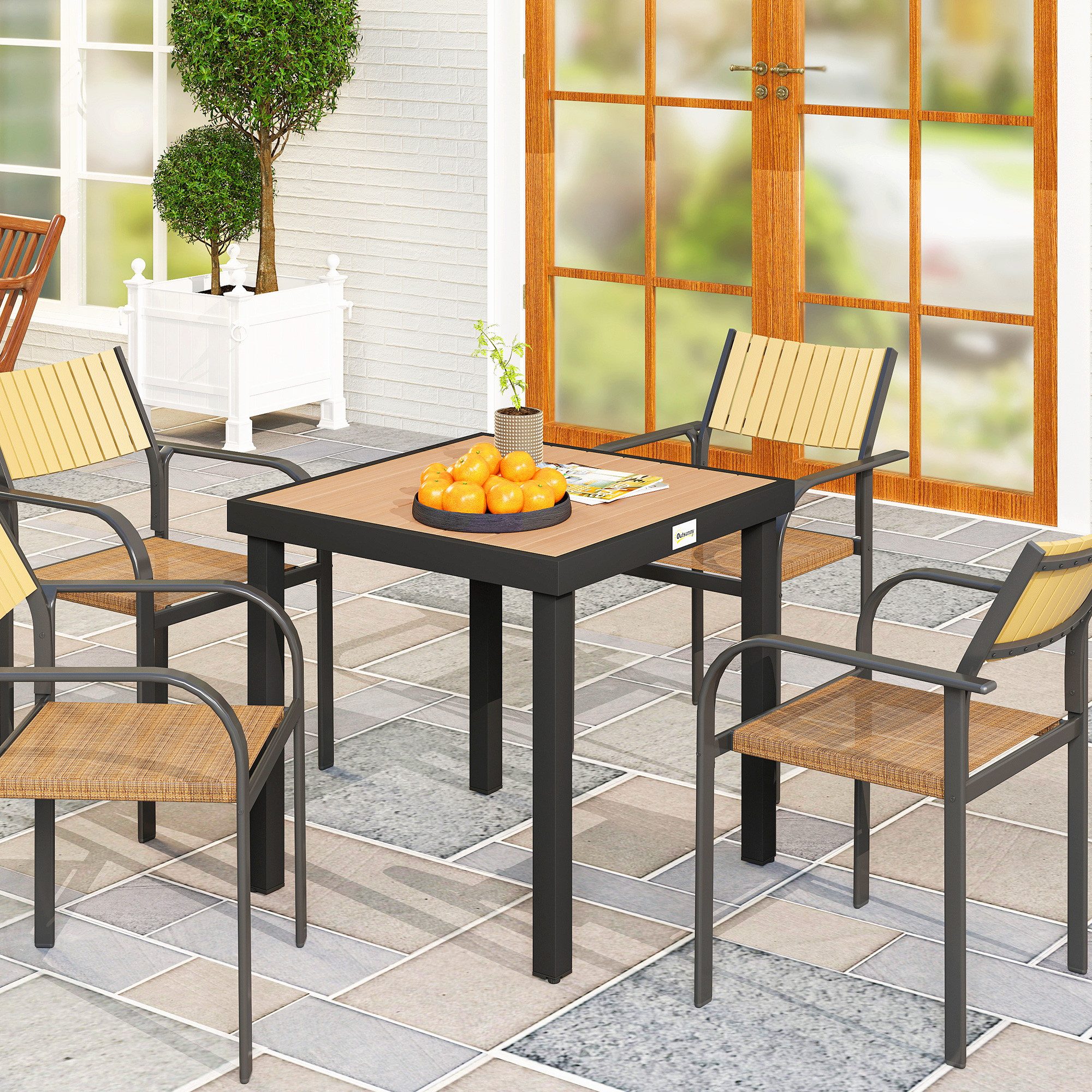 Outsunny Gartentisch Kunststoff wetterfest Buffettisch Campingtisch für 4 Personen (Aluminiumtisch, 1-St., Esstisch), Aluminium Naturholz 78L x 78B x 74H cm