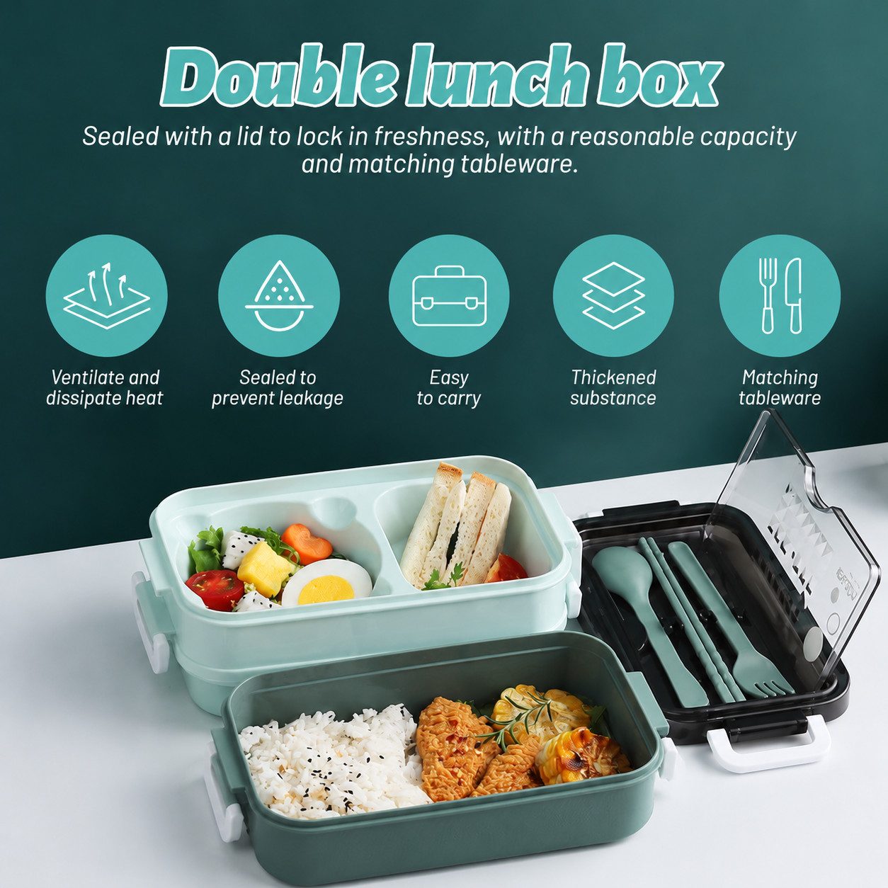 Diwzbyn Lunchbox Lunchbox 1400ml, 2-stufig, Mit Fächern & Besteck, Mit Gabel, Löffel & Essstäbchen, mikrowellengeeignet