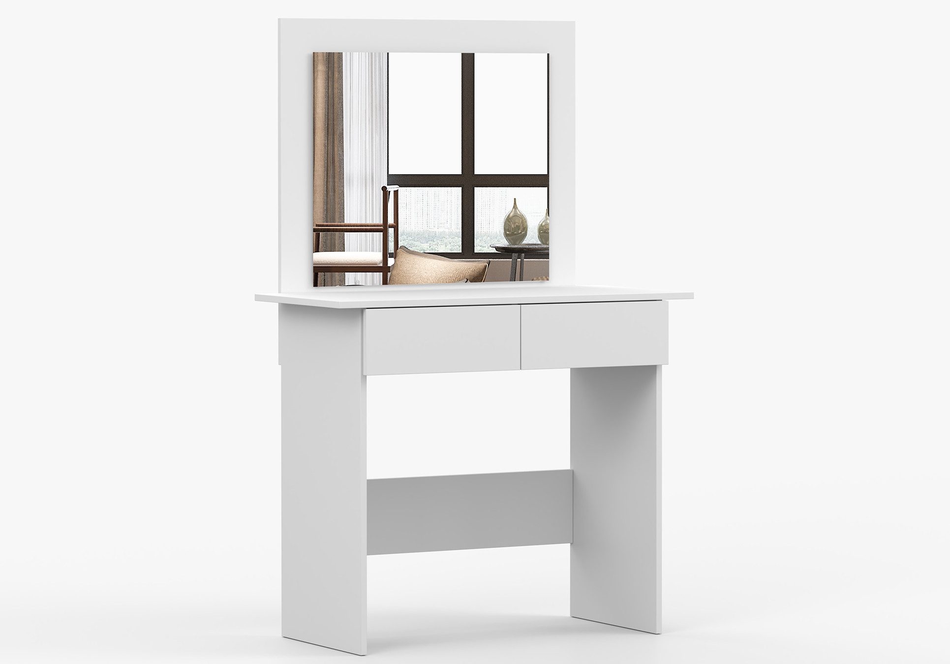 MOEBLO Schminktisch RIN (mit LED-Beleuchtung und Spiegel, Kosmetiktisch mit 2 Schubladen, modern, Weiß / Eiche Sonoma, Frisiertisch, Schminktisch, Kosmetiktisch, Spiegel), (BxHxT): 94x145x43 cm, Großer Spiegel 60 x 70 cm