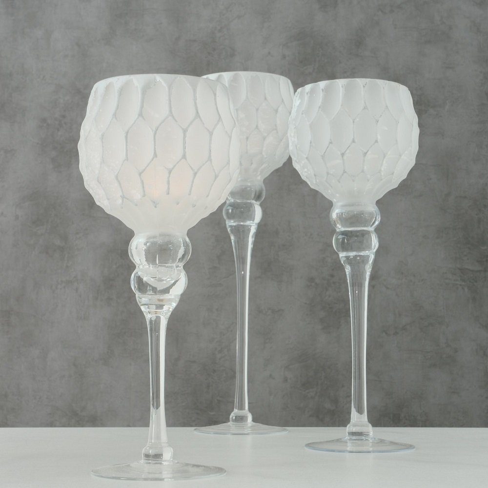 Windlicht Windlicht Manou Glas lackiert silber-weiß gepudert 3er Set Deko Glas H