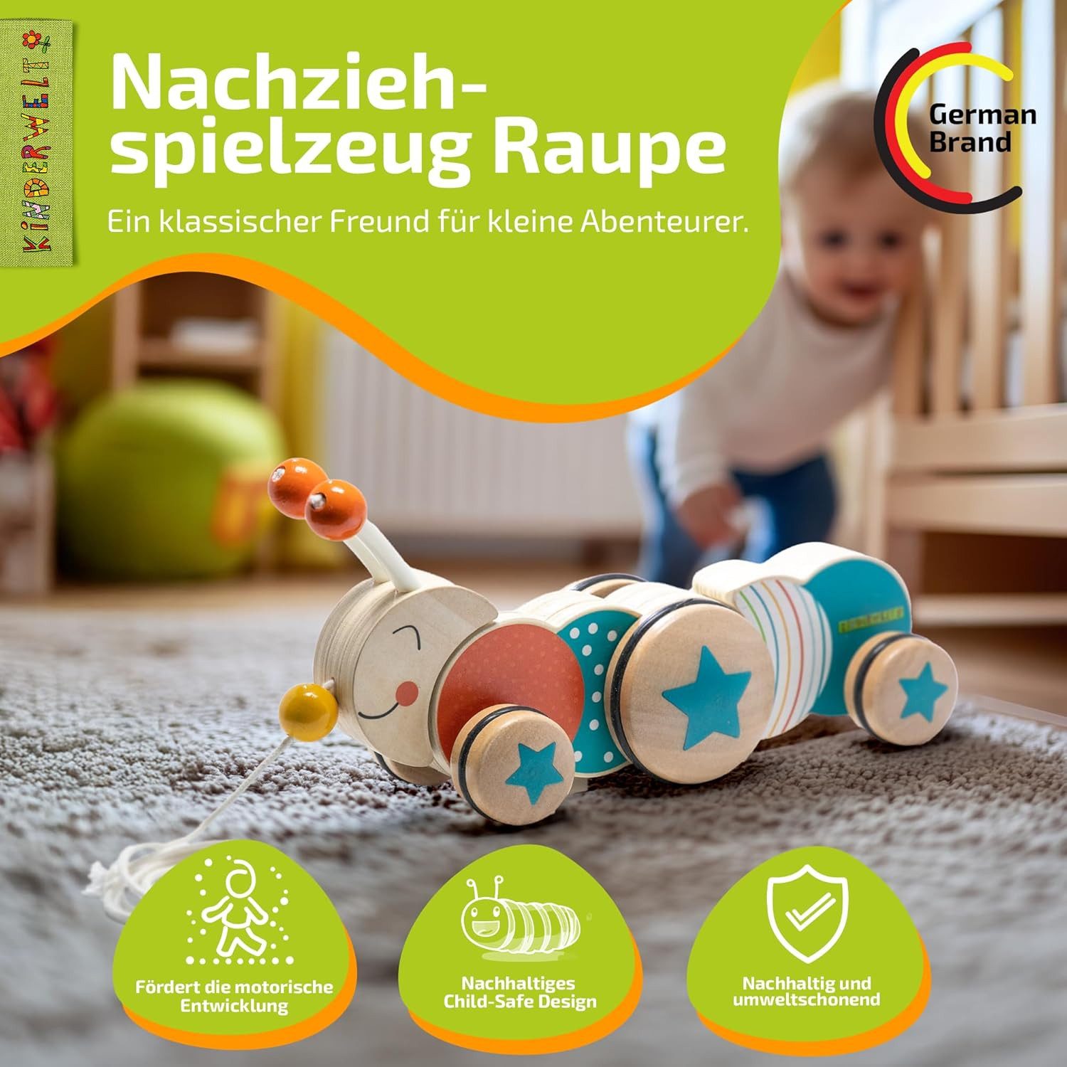 KiNDERWELT Stoffpuppe Nachziehspielzeug Raupe aus Holz, kindgerechtes Lernspielzeug, Kinders