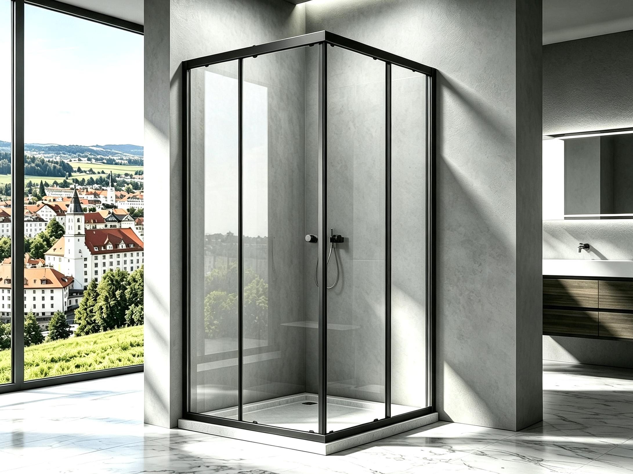 Boromal Eckdusche Duschkabine Schwarz 90x90 75x75 90x75 H:185 Eckeinstieg mit schiebetür, BxT: 80x75 cm, 5mm ESG, Duschwand Duschtür für Dusche, 100x100, 100x90cm, Aluminiumrahmen, Aluminiumprofile, Magnetdichtleisten