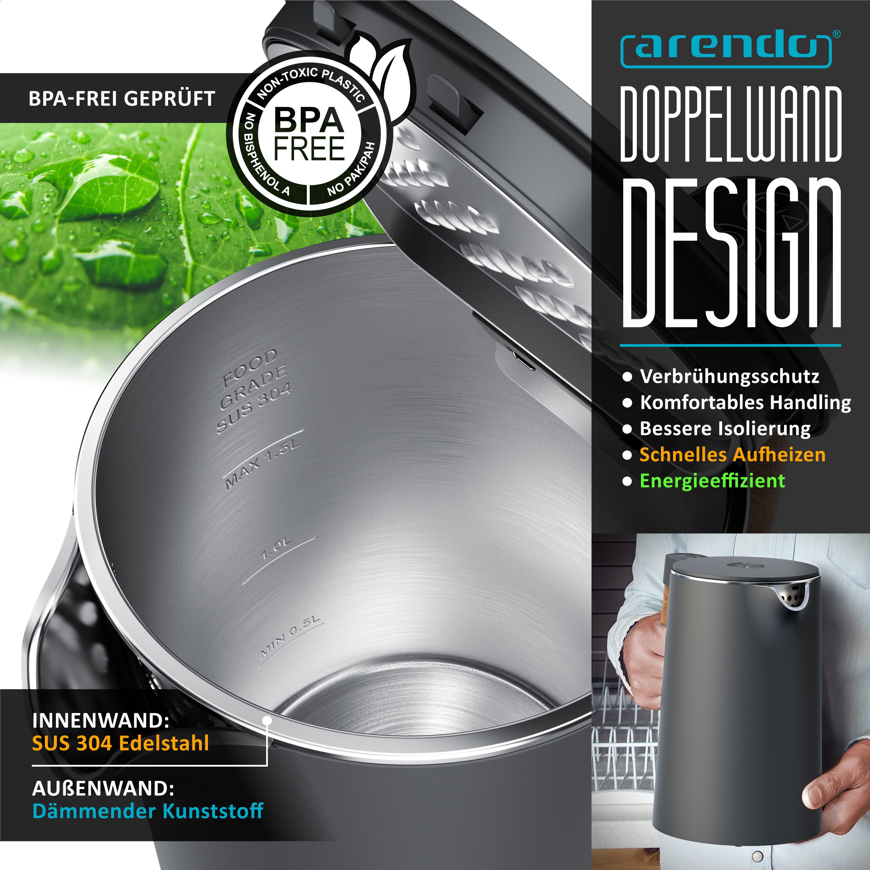 Arendo Frühstücks-Set Edelstahl Wasserkocher 1,5l, 2-Scheiben Kurzschlitz Toaster, Cool Grey (2-tlg), Wasserkocher mit Temperatureinstellung, Toaster Brötchenaufsatz, Touch