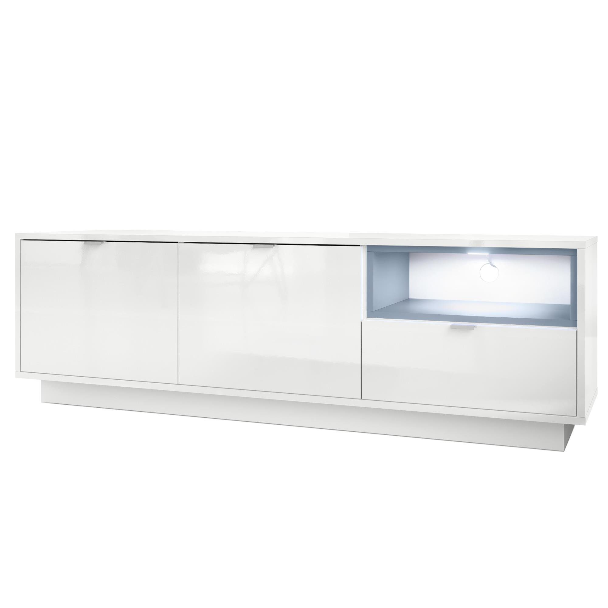 Vladon Lowboard Metro (Lowboard, mit 2 Türen, Schublade und offenem Fach), Weiß Hochglanz/Denim matt inkl. LED-Beleuchtung (153 x 48 x 37 cm)