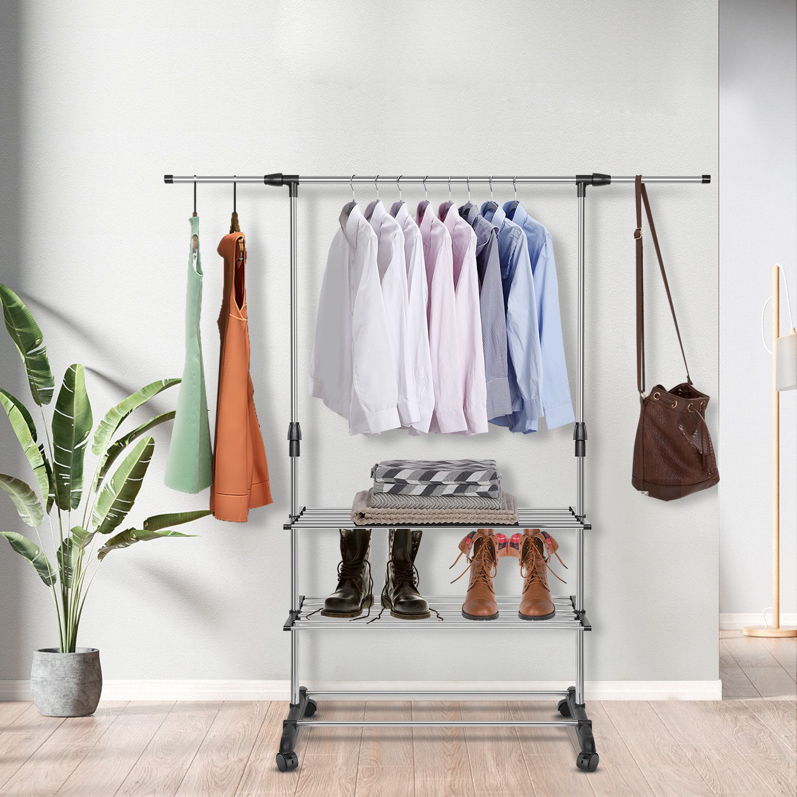 JEOBEST Kleiderständer Kleiderstange Stabil mit 3 Lagen Staufächer, Höhenverstellbar, Garderobenständer auf rollen 43x164x158cm