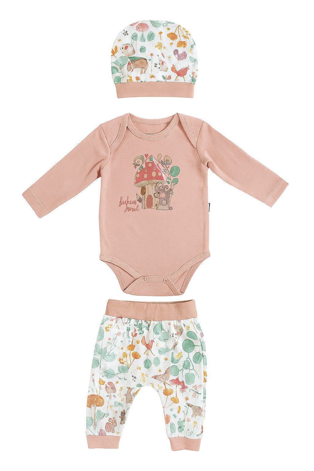 Erstausstattungspaket Mädchen Outfit, 3erSet, Body + Hose + Mütze, 100% Baumwolle