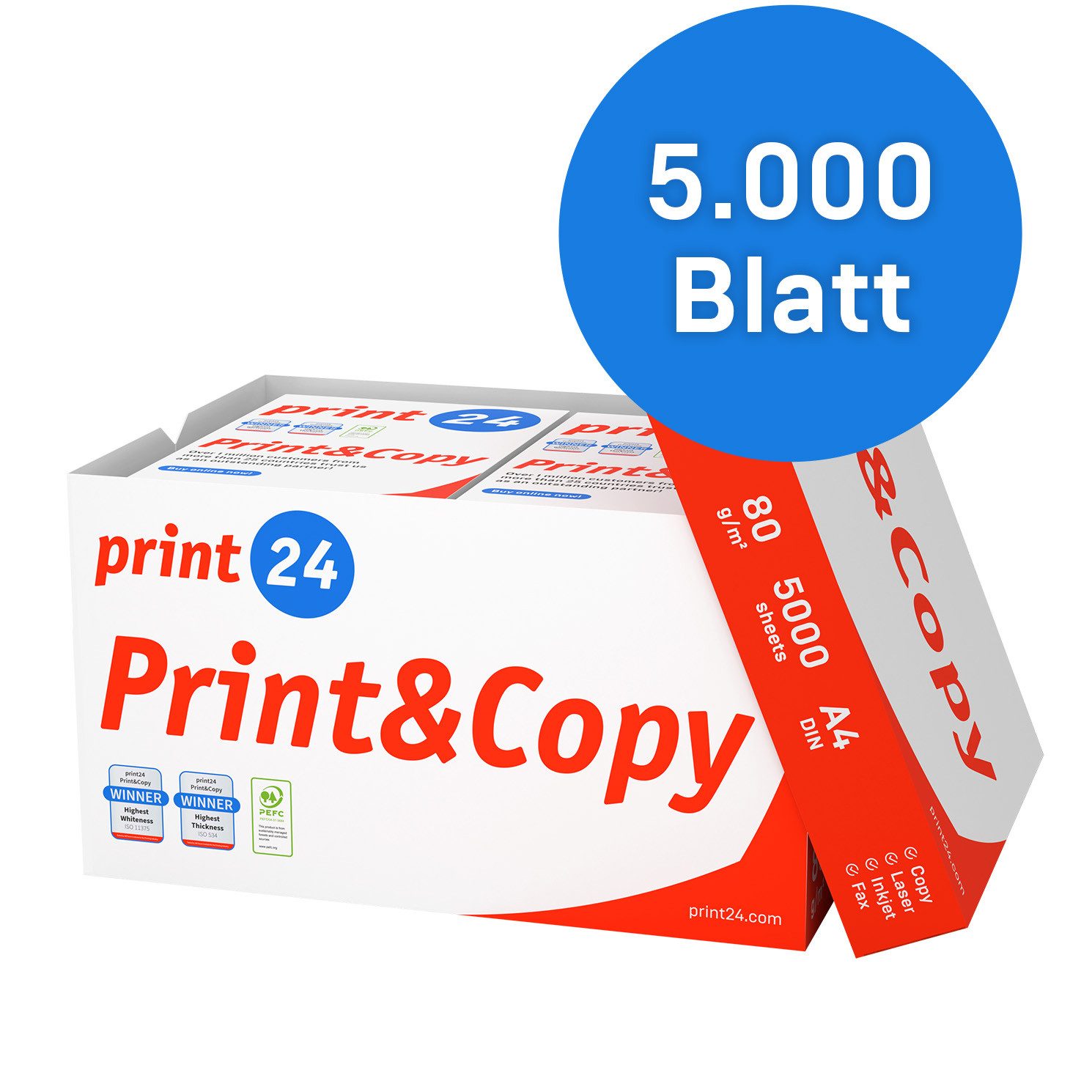 print24 Druckerpapier Kopierpapier 5000 Blatt A4 80g Premium Weiß PEFC zertifiziert
