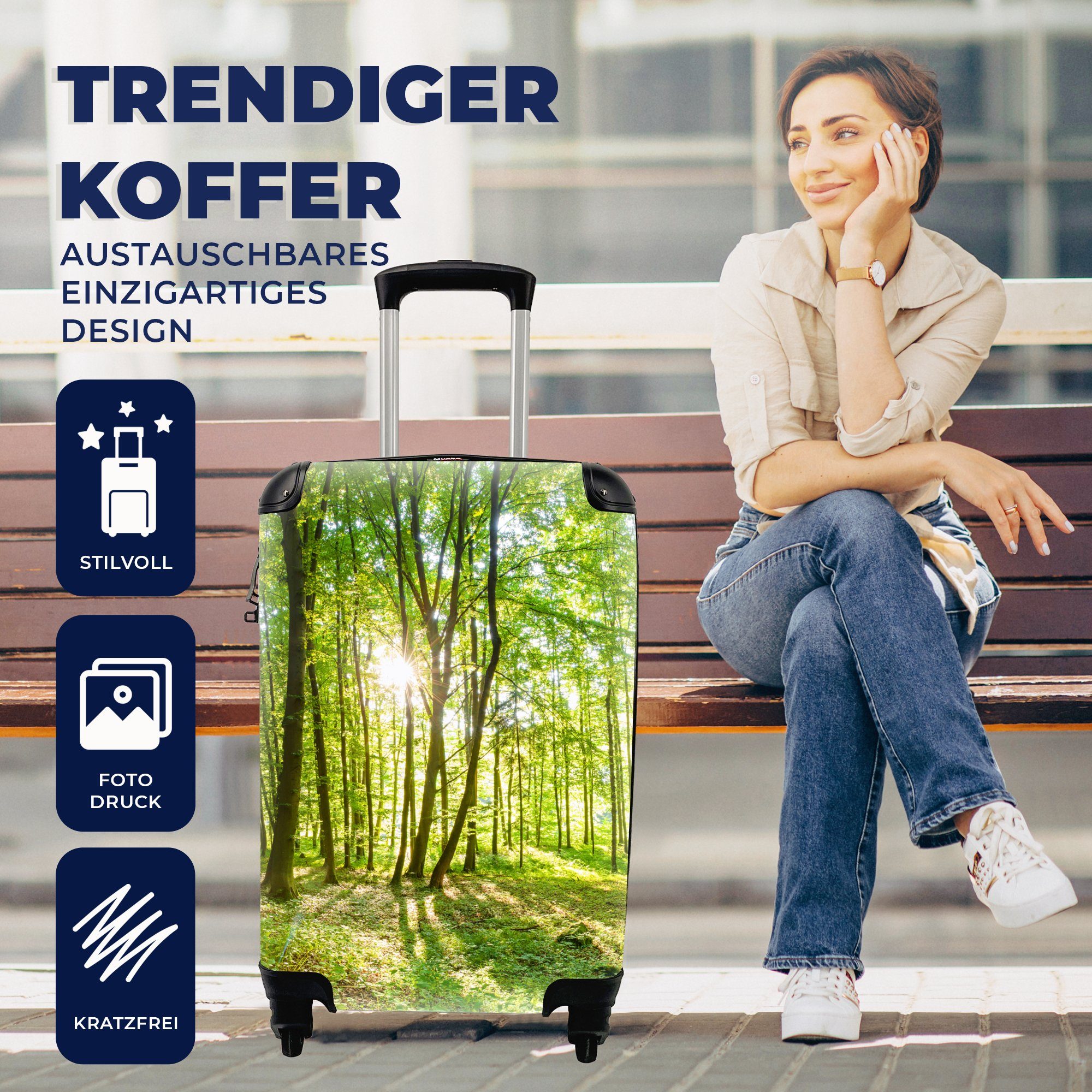 MuchoWow Handgepäckkoffer Natur - Reisekoffer Wald - Grün Bäume Handgepäck Sonnenlicht, Rollen, 4 - Trolley, für Ferien, mit - Reisetasche rollen