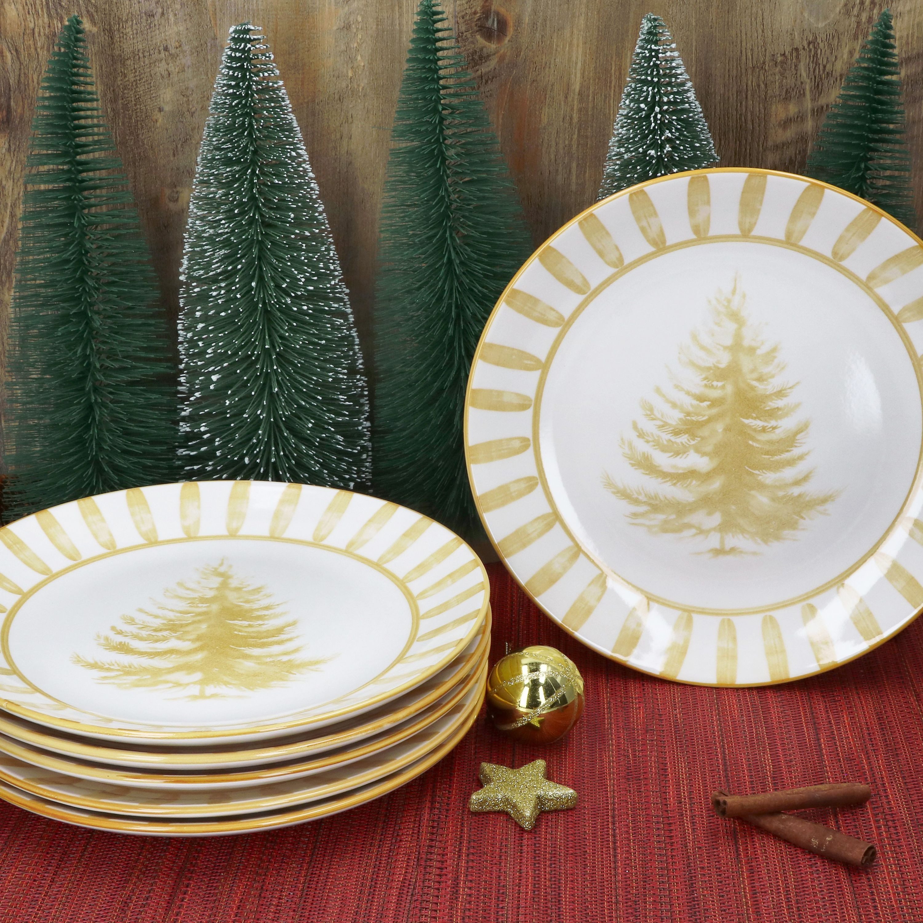 MamboCat Speiseteller 6x Wald ocker Speiseteller Steingut 6 Personen Essteller Streifen, Weihnachtsgeschirr, Weihnachten, Weihnachtsset, Geschirr