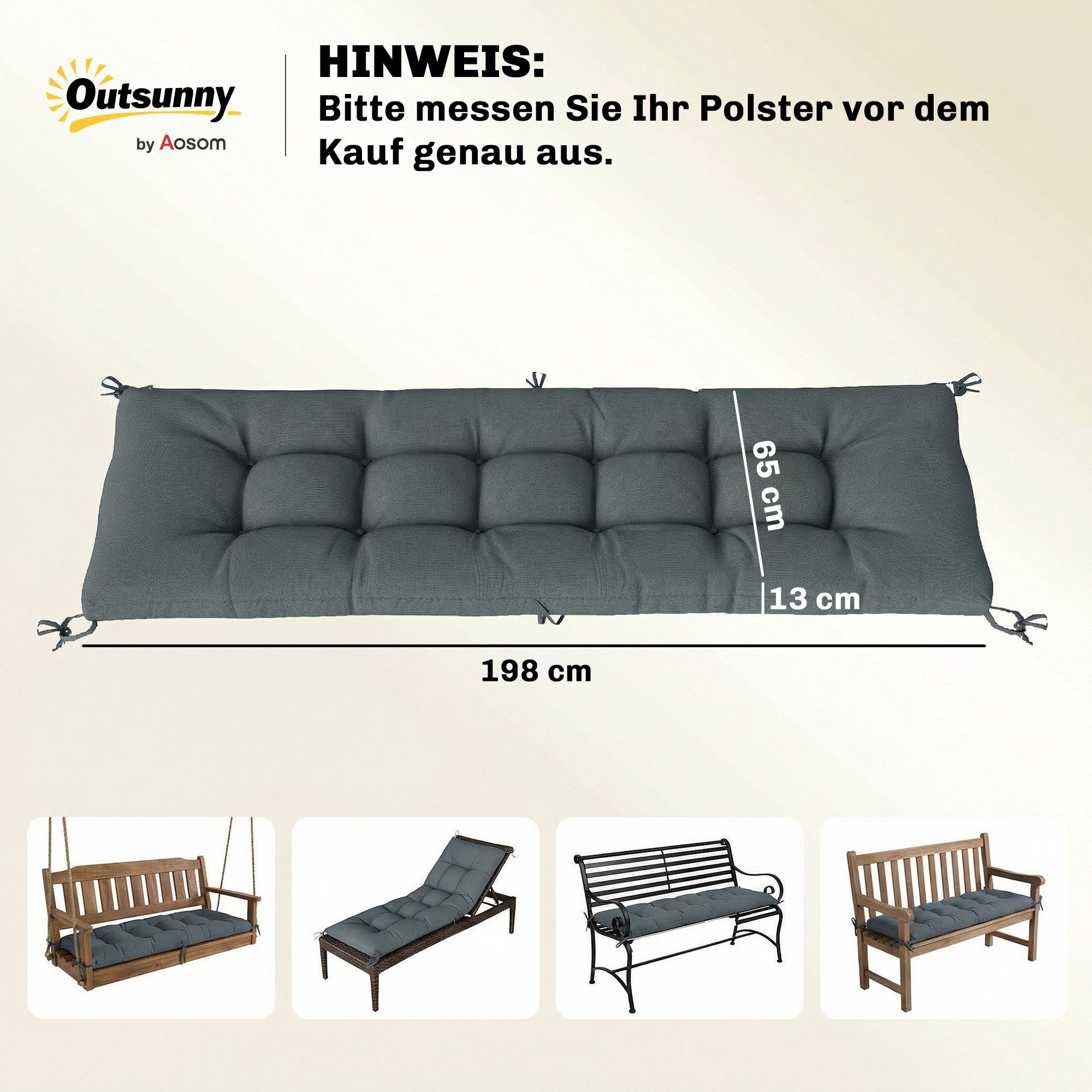 Outsunny Sitzkissen Abnehmbar Palettenpolster Outdoor Kissen mit Befestigungsbändern, für die meisten Liegen 198 x 65 x 13 cm, Dunkelgrau