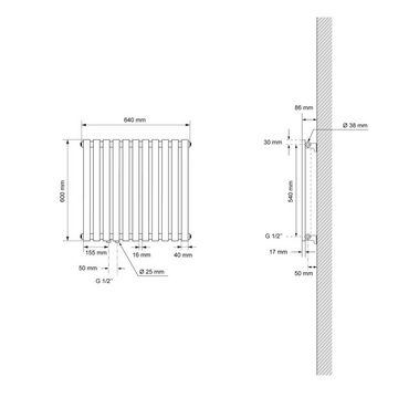 LuxeBath Heizkörper Paneelheizkörper Stella Vertikal Flachheizkörper Designheizkörper, Chrom 640x600mm horizontal Einlagig