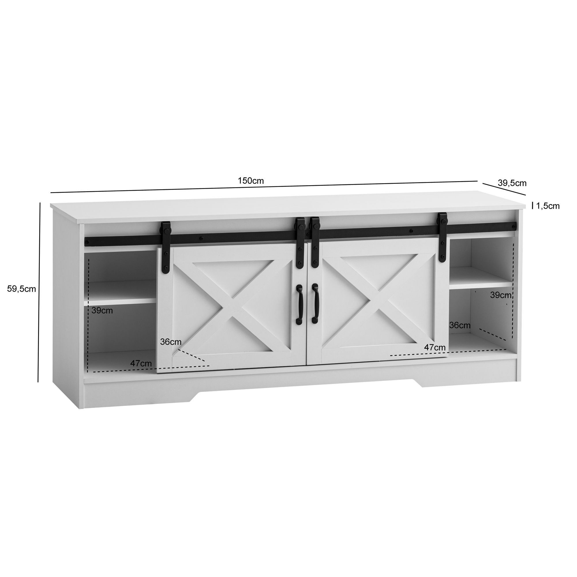 FINEBUY Lowboard FB108773 Fernsehkommode 150 cm TV Schrank Fernsehschrank Weiß Landhaus (Fernsehtisch, TV-Schrank Modern, TV-Kommode Hoch), Weiß 150x59,5x39,5 cm mit zwei Türen, Landhaus
