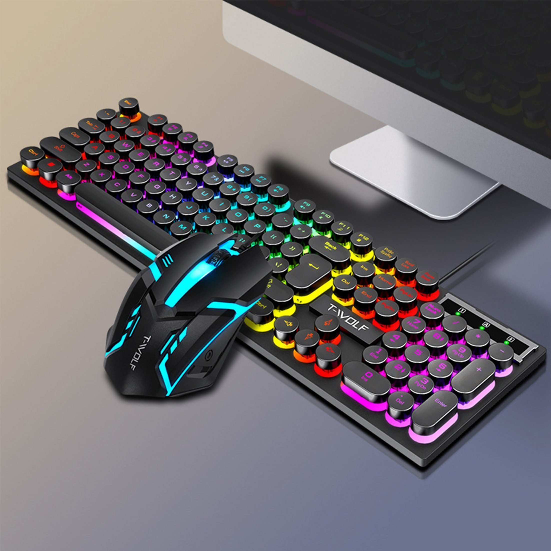 KINSI Gaming Tastatur Maus Set - Leuchtende Retro Punk Tastatur Tastatur- und Maus-Set, mit runden Tasten, USB-Kabelverbindung, Anti-Ghosting