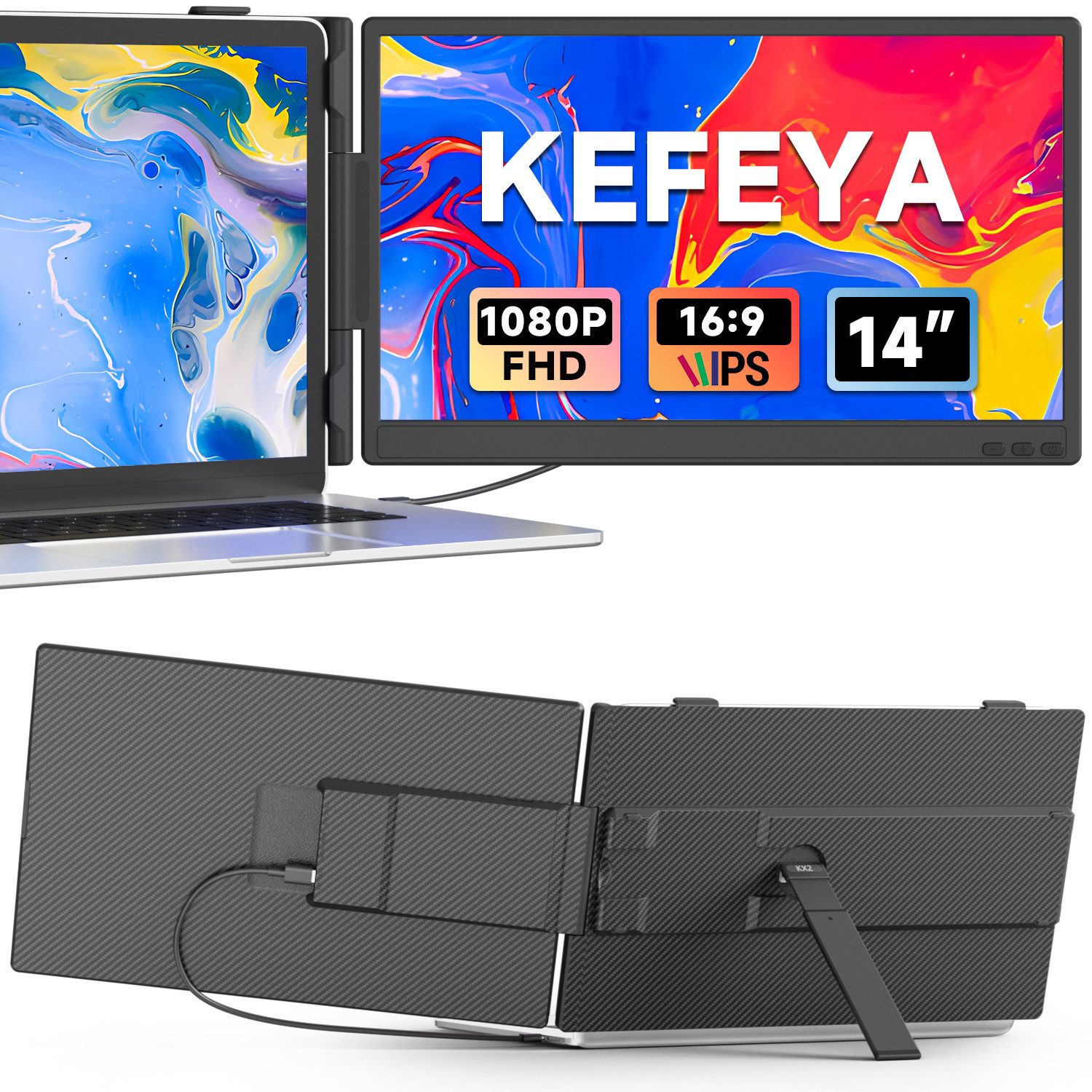 KEFEYA Portabler Monitor, Laptop-Bildschirm-Extender, Dual-Display, LCD, IPS Portabler Monitor (36 cm/14 ", 1920x1080 px, Full HD, 60 Hz, IPS, LCD, Laptop-Bildschirmerweiterung, Kompatibel mit Mac/Windows/Chrome etc)