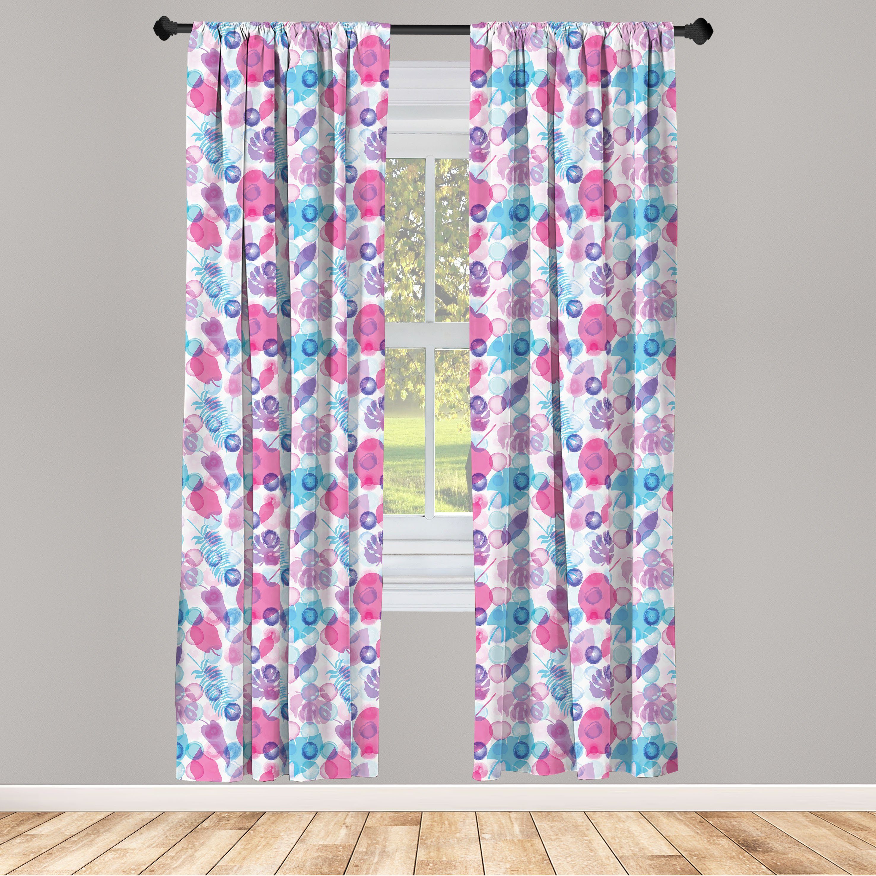 Gardine Vorhang für Wohnzimmer Schlafzimmer Dekor, Abakuhaus, Microfaser, Blau Und Pink Blätter auf Bubbles